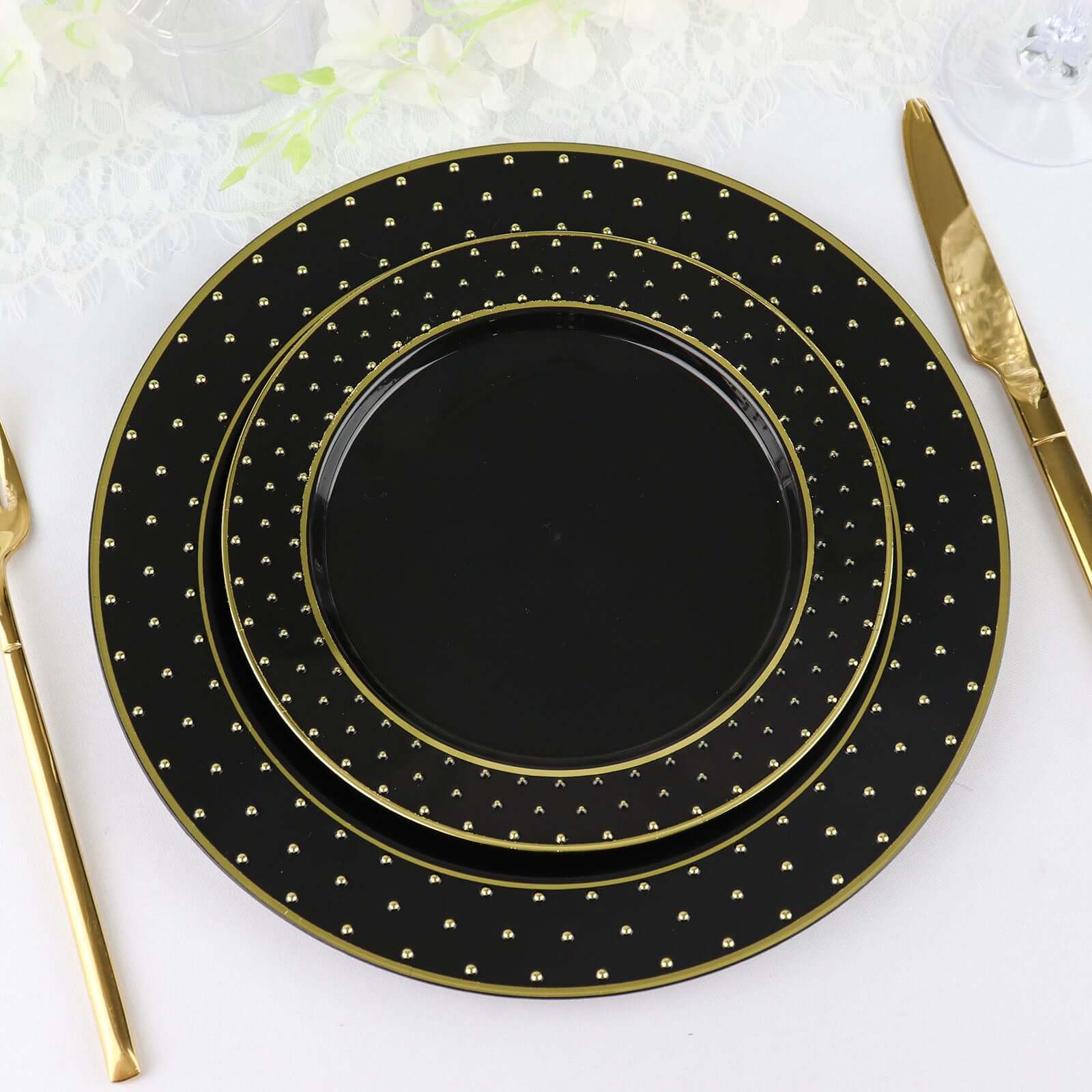 10-Pack Plastic 7.5 Round Dessert Plates in Black with Gold 3D Polka Dotted Rim - Durable Disposable Appetizer Salad Plates for Modern Themed Events & Banquets