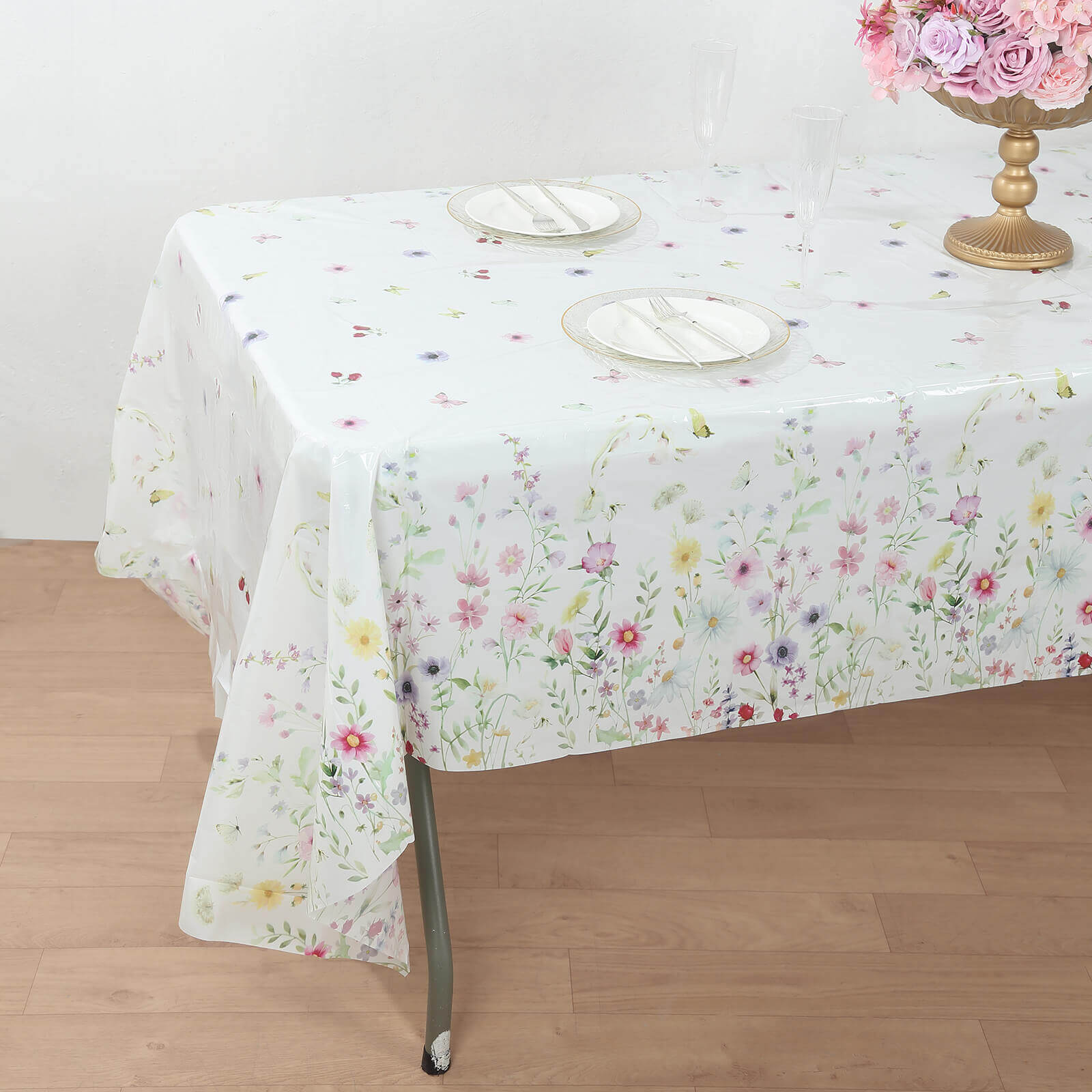 5-Pack Plastic Tablecloths White/Green Spring Floral Rectangle with Wild Flowers Butterfly Print - Durable PVC Disposable Table Covers 54x108