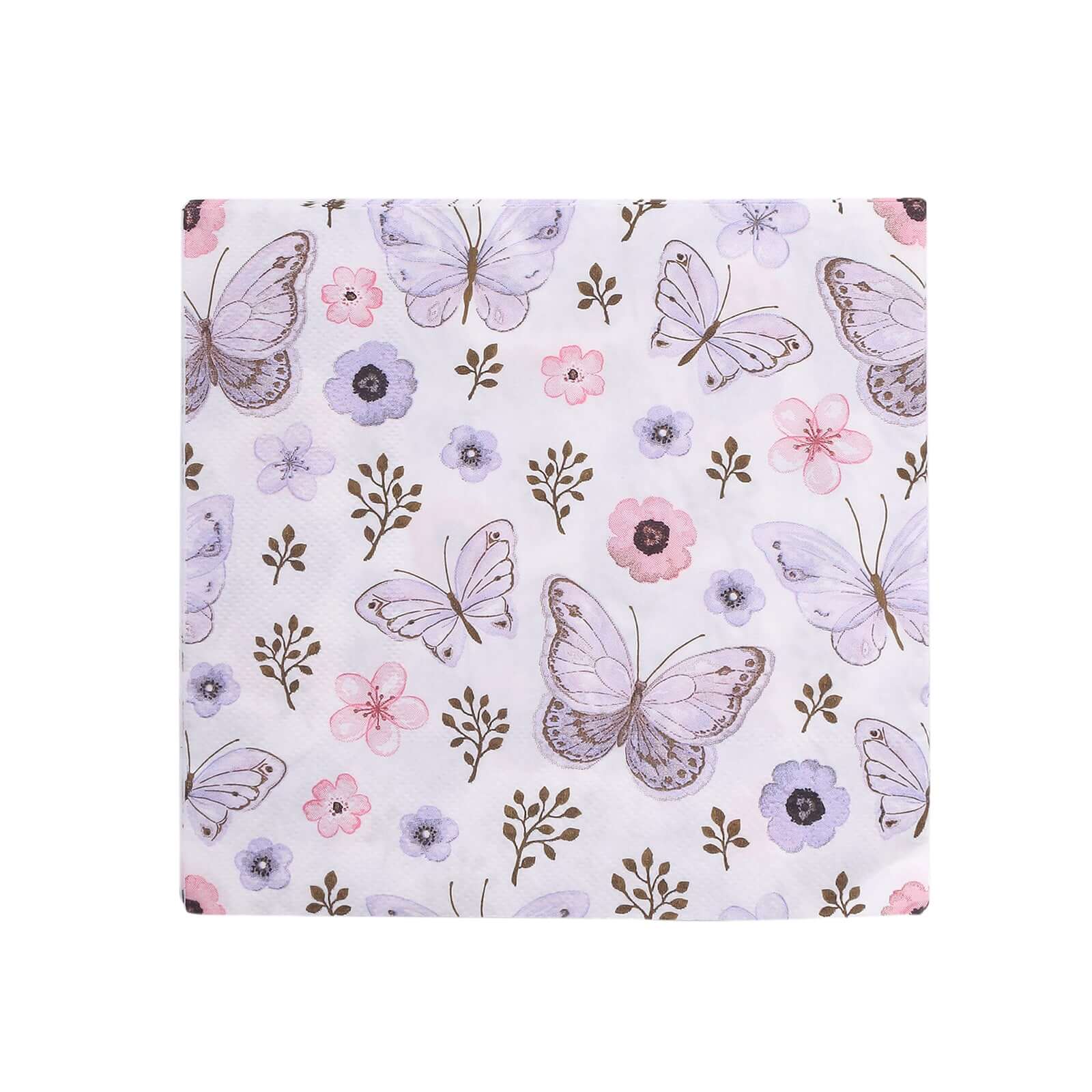 50-Pack Paper Beverage Napkins with Lavender Butterfly Floral Design Ivory - 2 Ply Soft 18GSM Garden Wedding Napkins 6.5x6.5