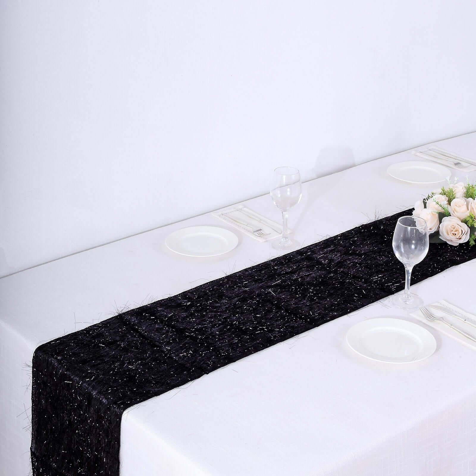 Metallic Tinsel Polyester 12x108 Table Runner Black - Shimmery Fringe Shag Table Decor