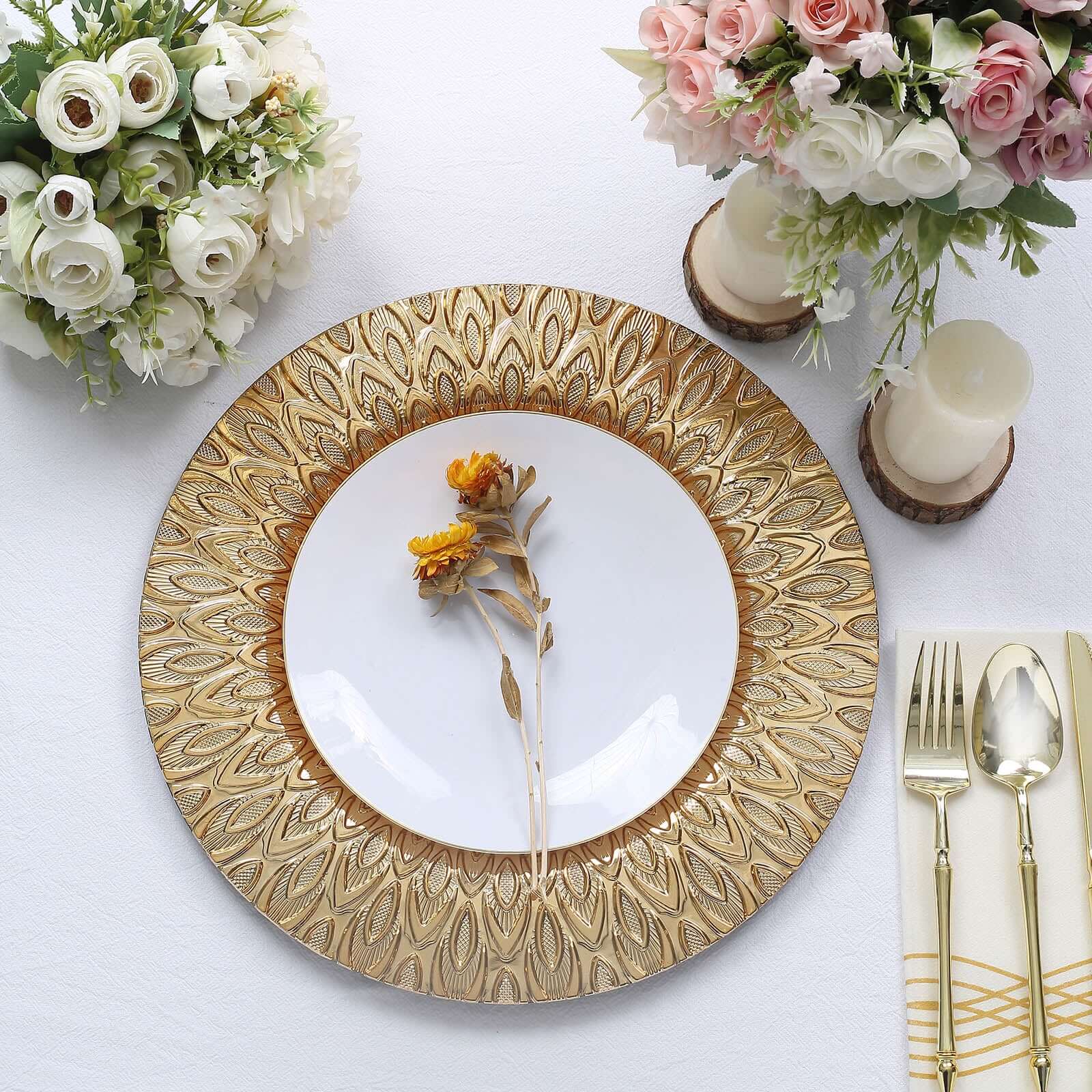 6-Pack Plastic Round Charger Plates 13 in Gold with Embossed Peacock Pattern, Stylish Disposable Charger Tableware