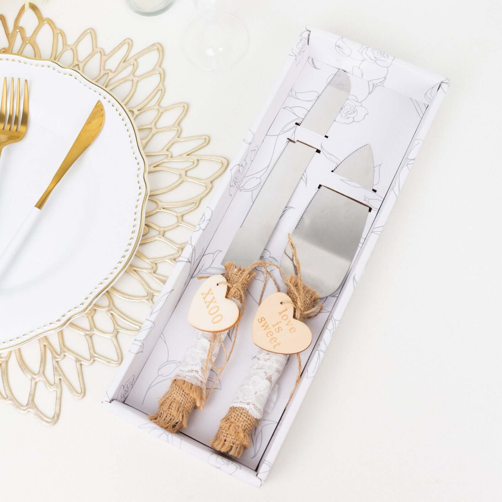 Stainless Steel Cake Knife and Server Set with Natural Rustic Jute Lace - Pre-Packed Wedding Party Favors in Gift Box