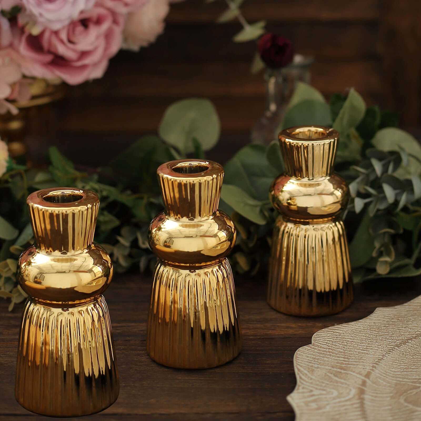 3-Pack Ceramic Taper Candle Holders Fluted Ball Neck Design Metallic Gold - Ribbed Candlestick Stands 5