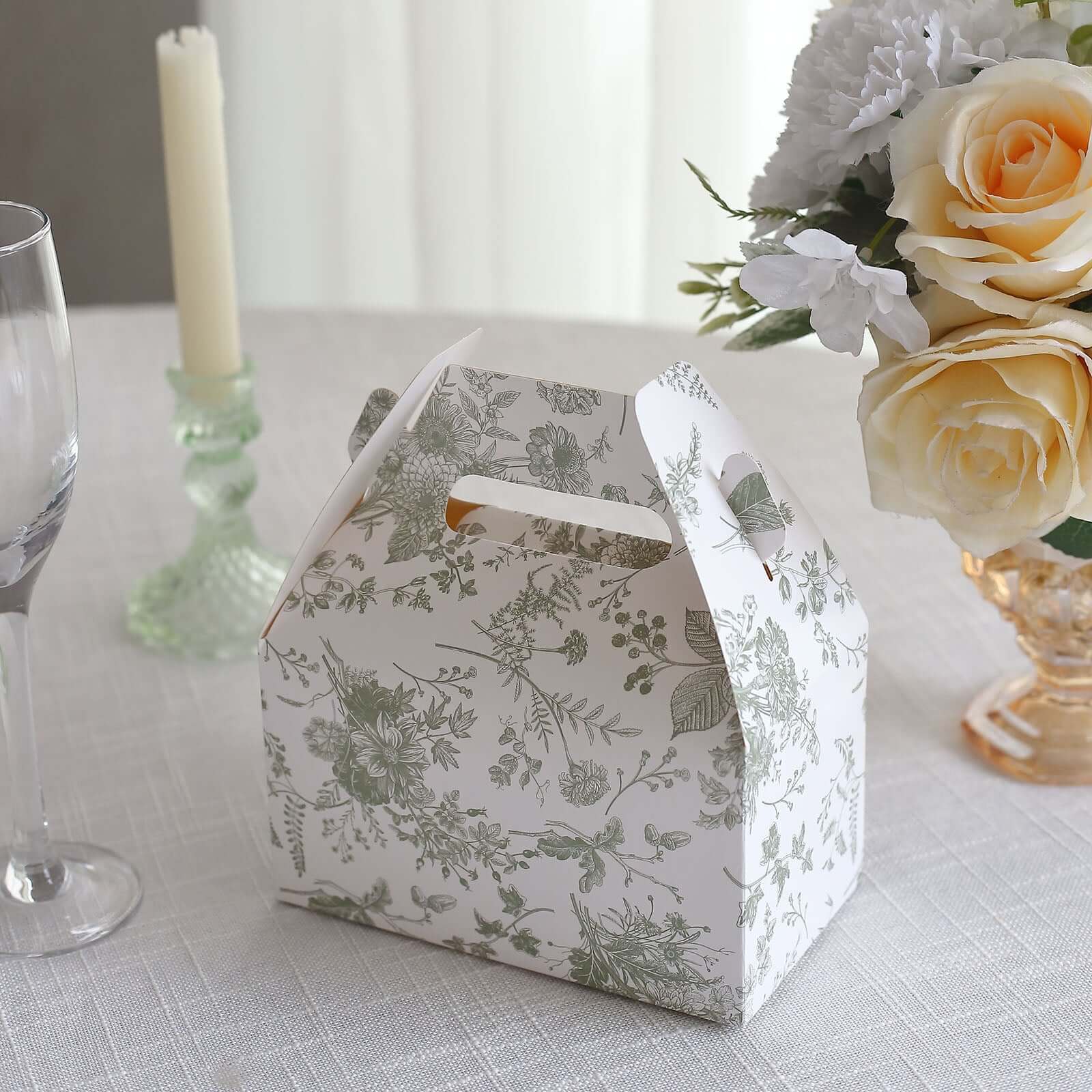 25 Pack White Sage Green Candy Gift Tote Gable Boxes in French Toile Pattern, Party Favor Treat Boxes - 6x3.5x7