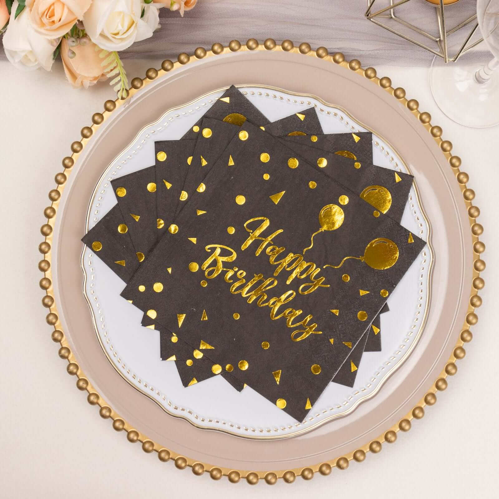 20-Pack Paper Beverage Napkins with Happy Birthday Foil Print Black/Gold - 2 Ply Disposable 18GSM Soft Party Napkins 6.5x6.5