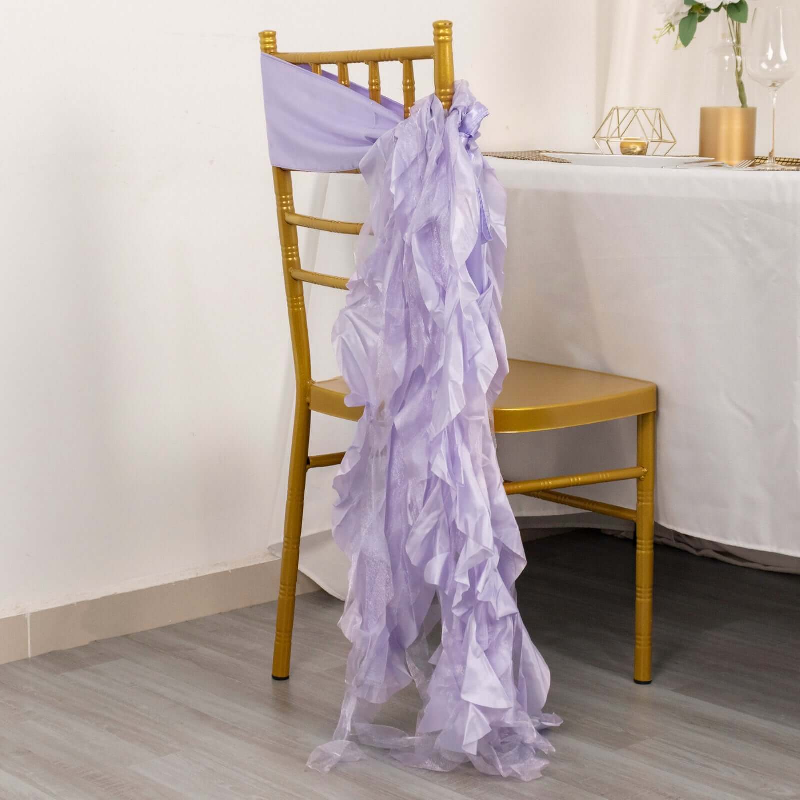 5 Pack Chiffon Satin Chair Sashes Lavender Lilac - Easy to Install Ruffled Curly Willow