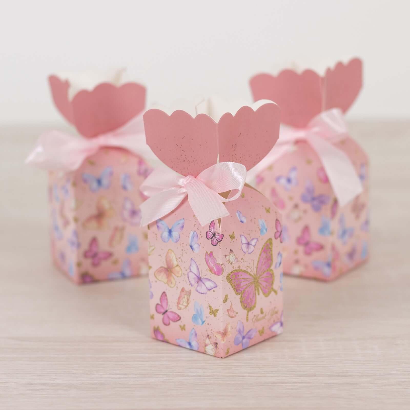 25 Pack Pink Floral Top Candy Gift Boxes With Butterfly Print, Cardstock Paper Party Favor Boxes With Satin Ribbons - 2x5