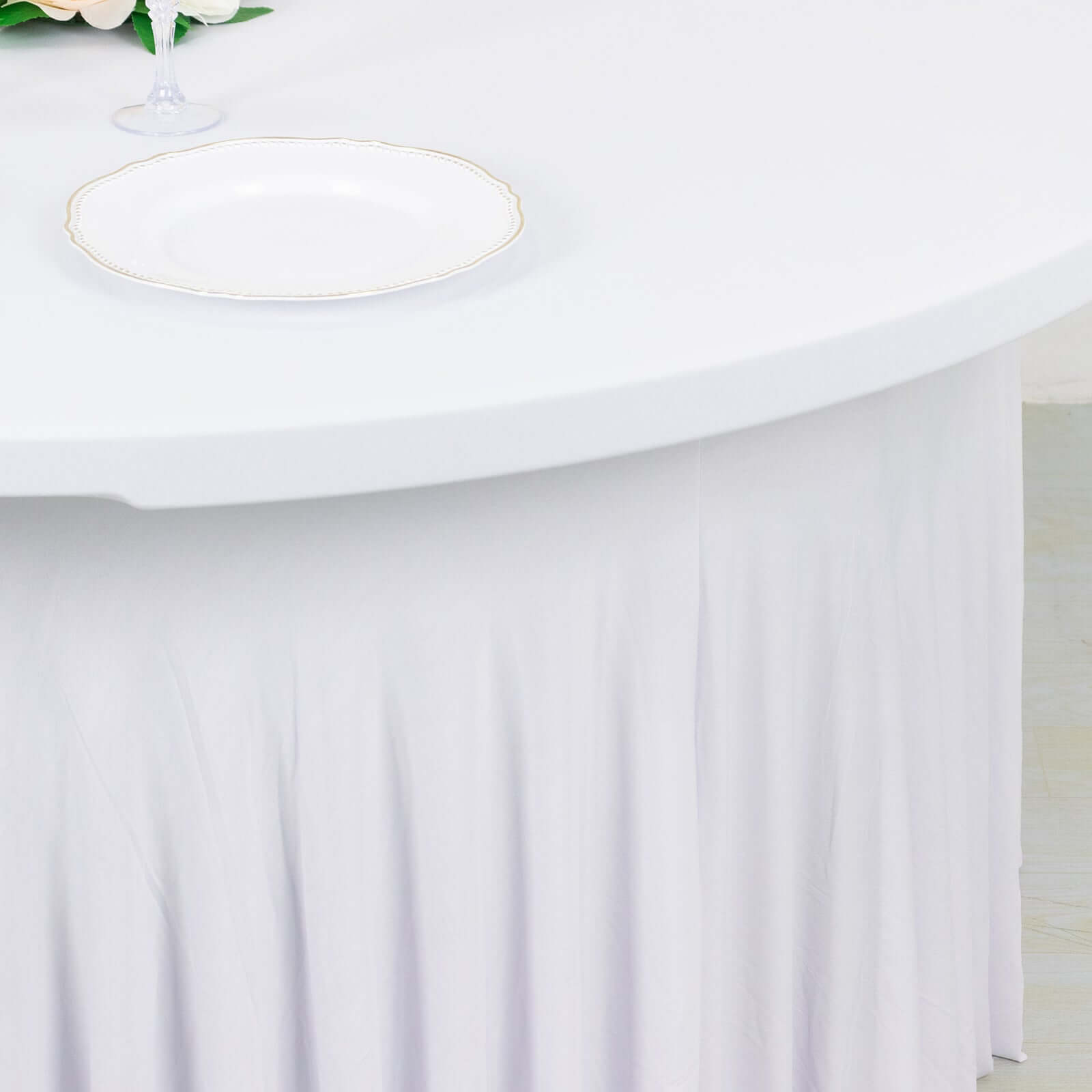 Spandex Round 5ft Table Skirt White with Wavy Skirt-Like Effect Stylish Table Cover for Weddings, Banquets & Trade Shows