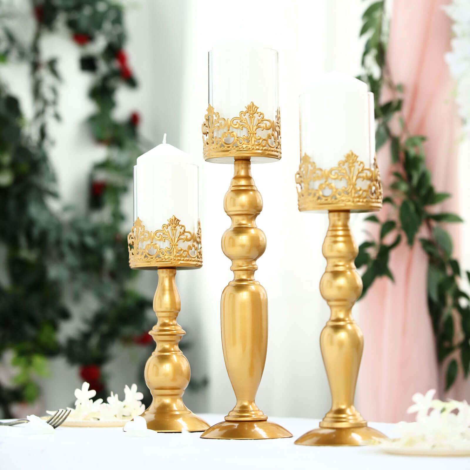 Set of 3 Lace Hurricane Candle Holders Antique Gold with Glass Shades - Chic Pillar Candle Stands 12, 14, 17