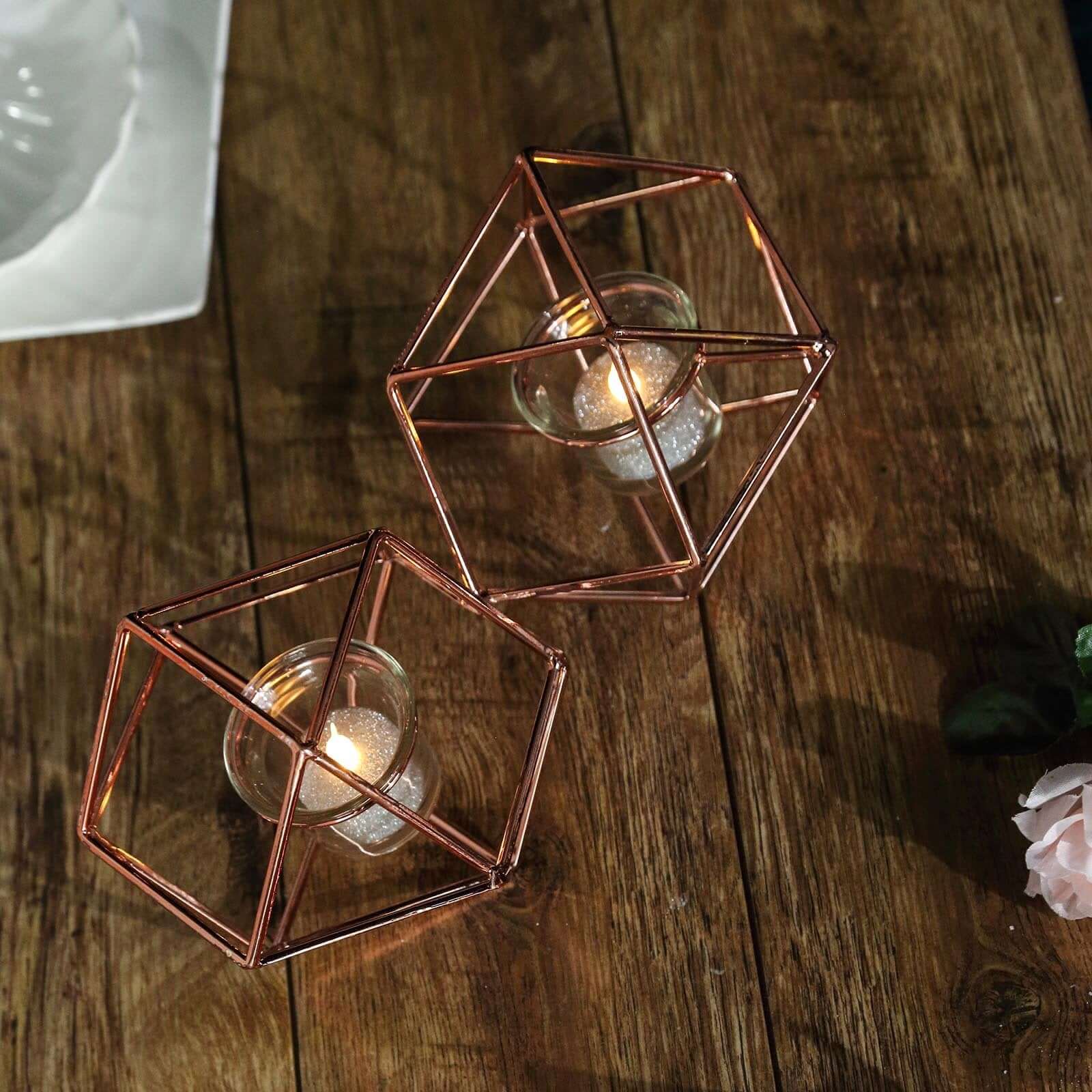 Set of Metal Candle Holders Linked Geometric Design Rose Gold - Modern Table Decor with Votive Glass for Gatherings 11