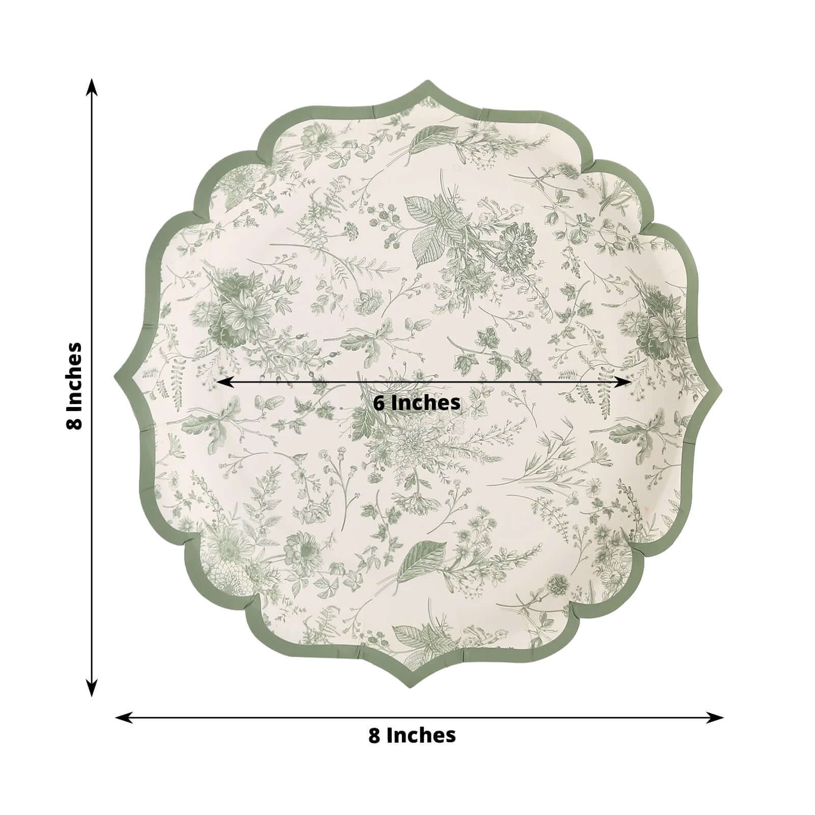 25-Pack Paper 8 Round Dessert Plates in White with Sage Green French Toile Design & Scalloped Rim - Disposable 300GSM Salad Appetizer Plates for Stylish Table Decor