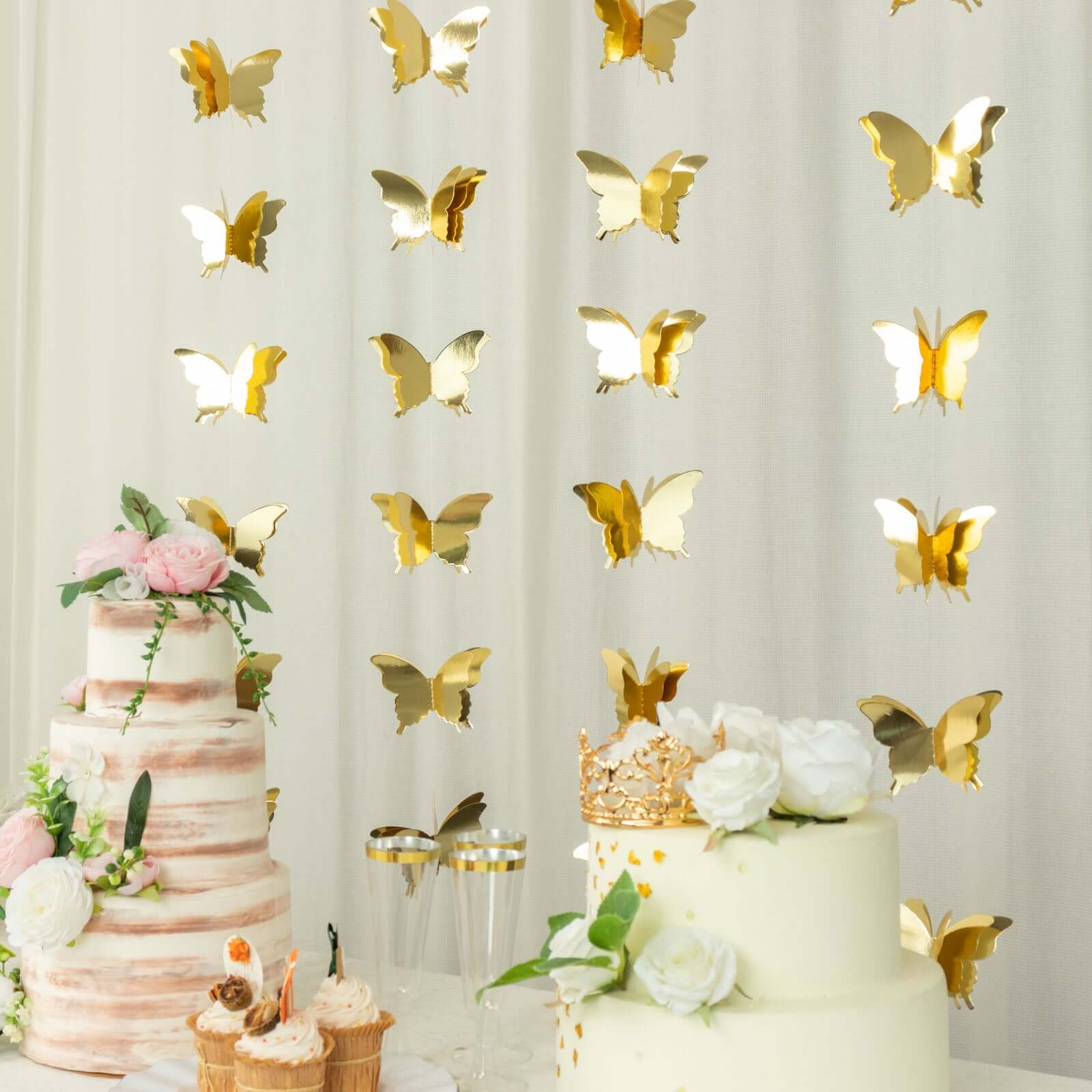 2 Pack 9ft Gold 3D Paper Butterfly Hanging Garland Streamers, Party String Banners