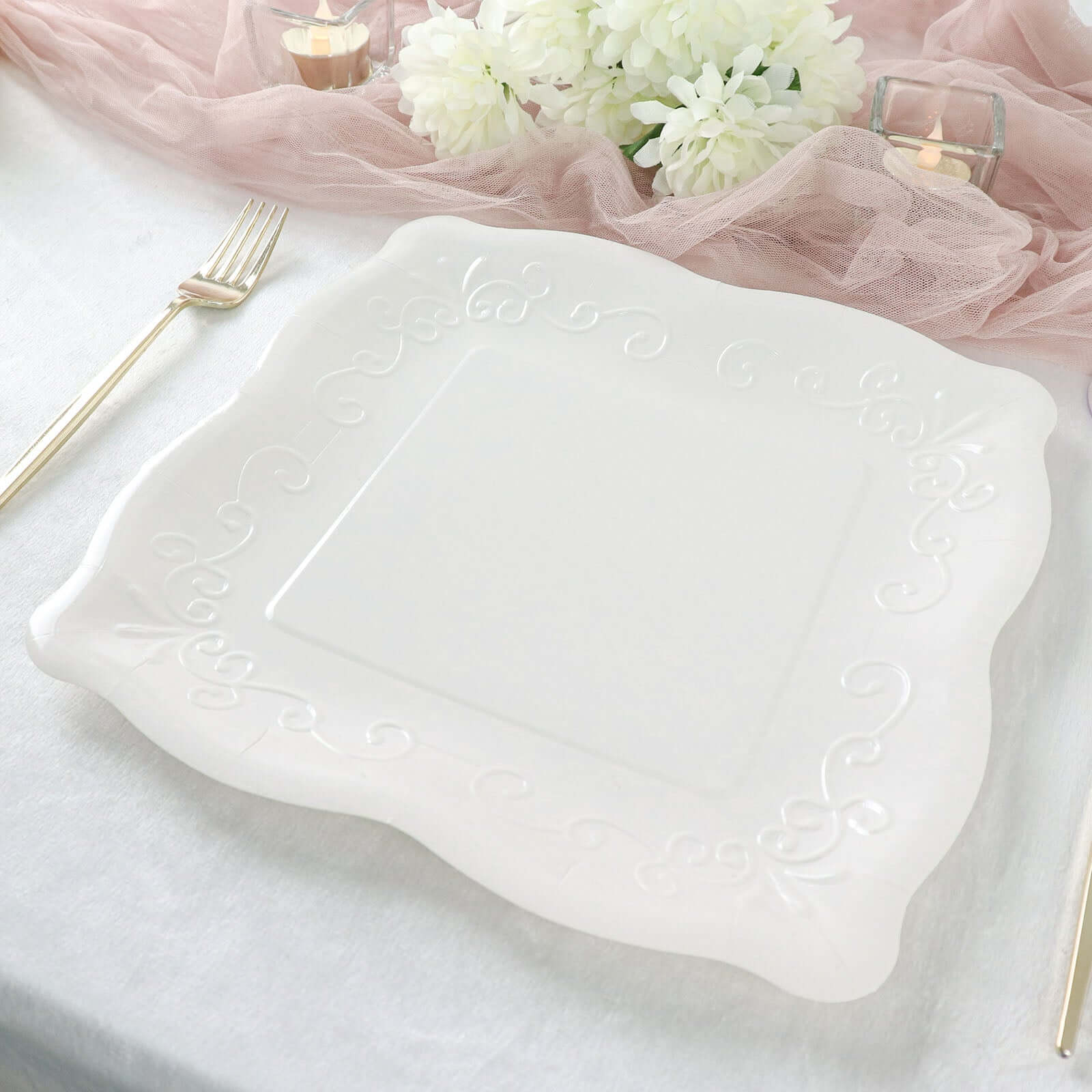 25-Pack Paper 11 Square Dinner Plates in White with Vintage Pottery Embossed Design - Shiny Disposable Serving Plates