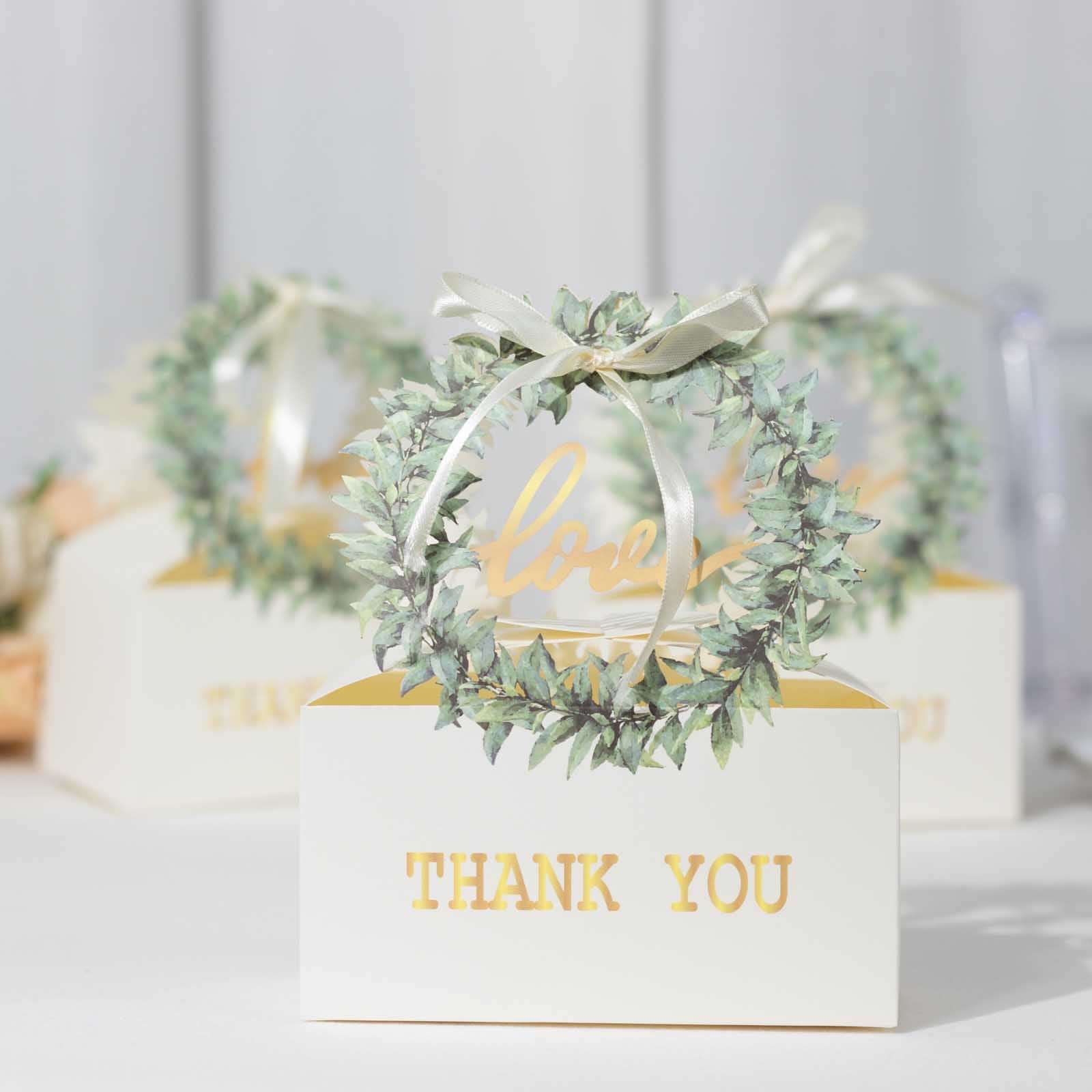 25 Pack White Thank You Candy Treat Boxes with Ribbon, Love Wreath Party Favor Gift Boxes - 6x3x7