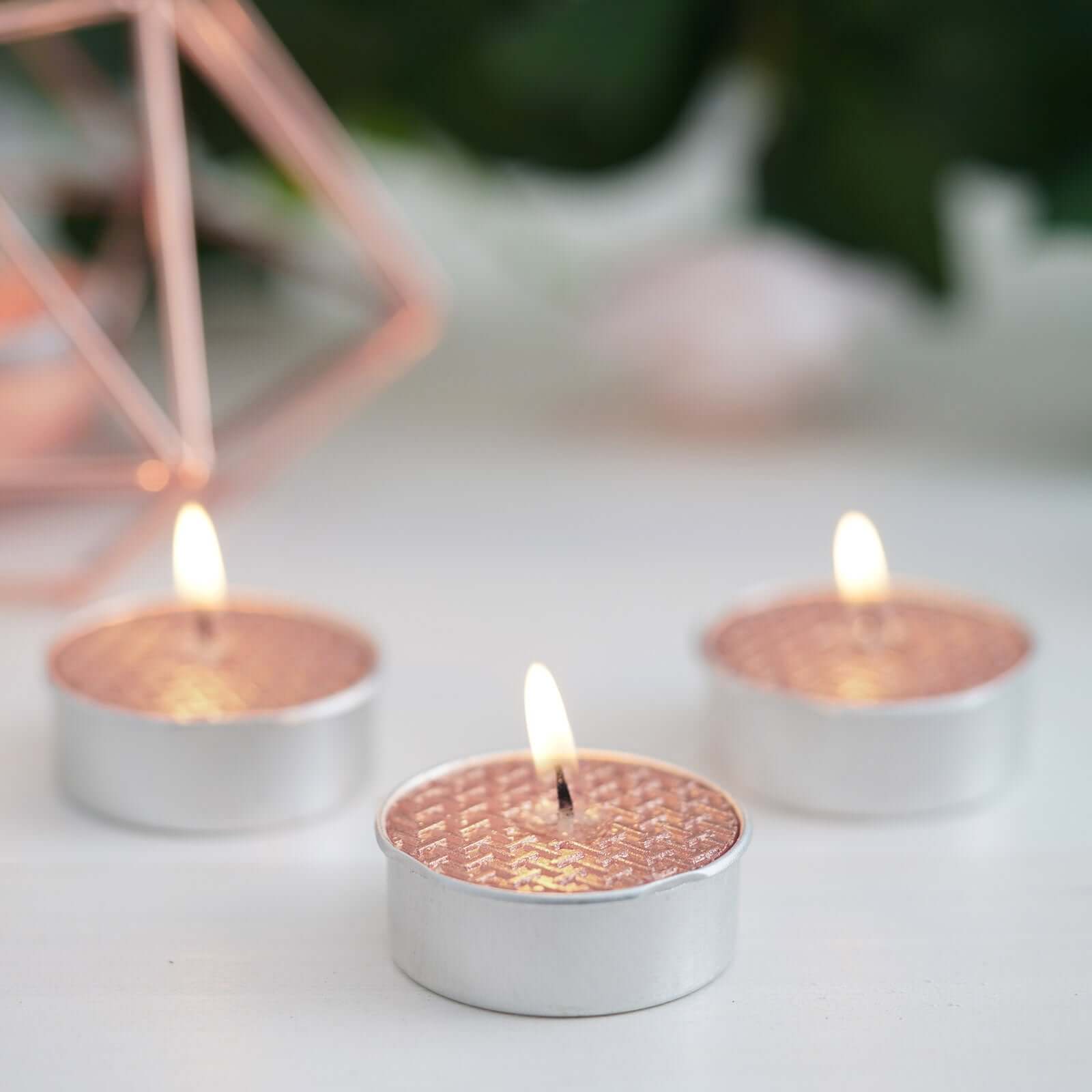 9-Pack Tealight Candles Metallic Rose Gold Textured Design - Unscented Dripless Wax for Events