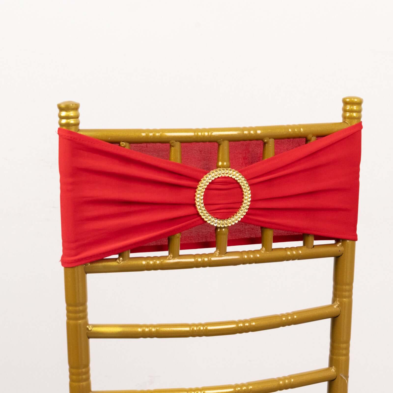 5 Pack Spandex Chair Sashes Red with Gold Rhinestone Buckles - Reusable Four-Way Stretch Sash Bands 5x14