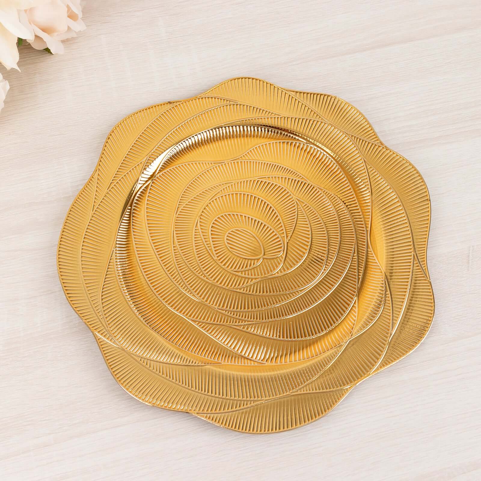 6-Pack Acrylic Round Charger Plates 13 in Metallic Gold with Ribbed Rose Pattern, Event Tabletop Decorative Charger Tableware