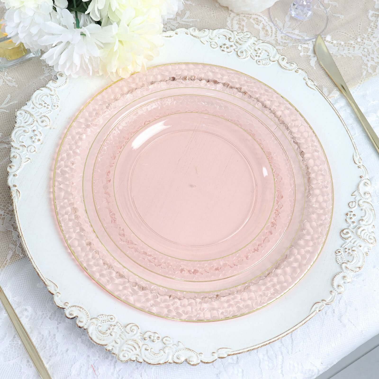 10-Pack Plastic 10 Round Dinner Plates in Blush Hammered Design with Gold Rim - Disposable Party Plates for Chic Banquets & Special Occasions