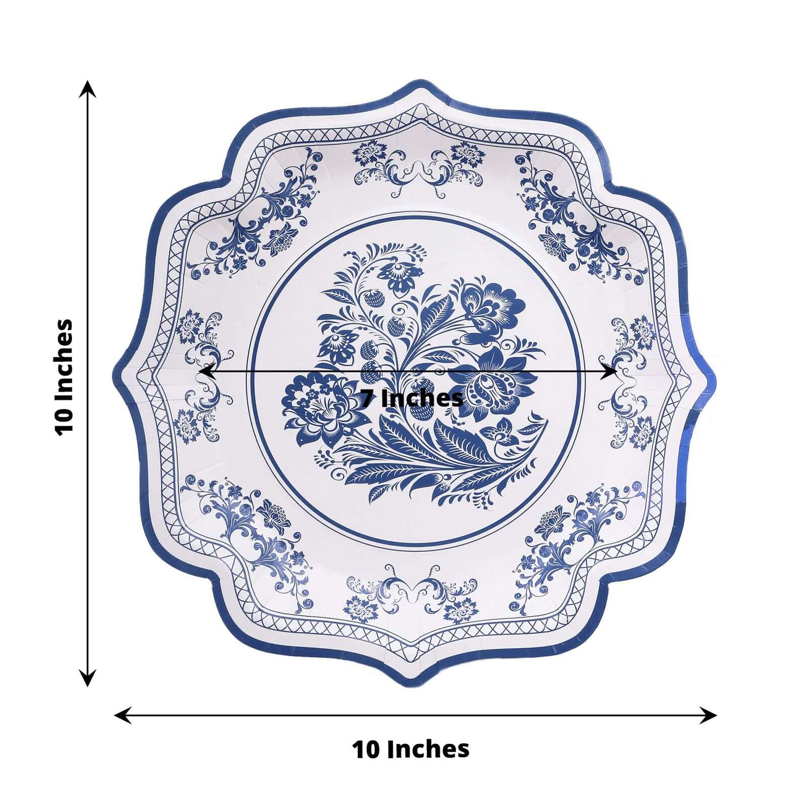 25-Pack Paper Dinner Plates in White with Light Blue French Toile Print & Scallop Rim - Stylish Disposable 300GSM Floral Party Plates 10