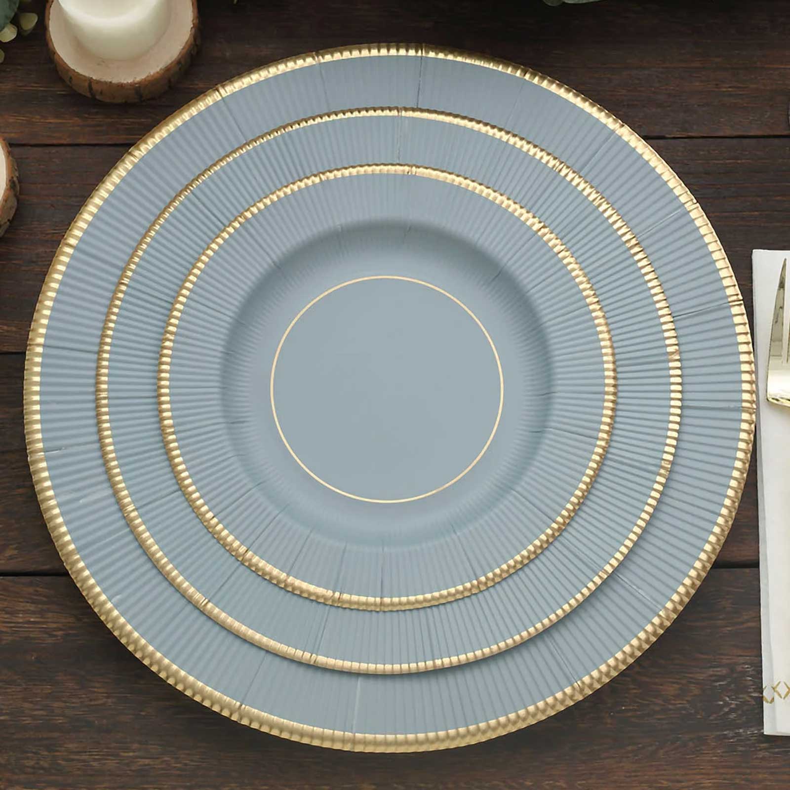 25-Pack Paper 8 Round Dessert Plates in Dusty Blue Sunray Design with Gold Rim - Disposable Heavy Duty 350GSM Appetizer Salad Plates