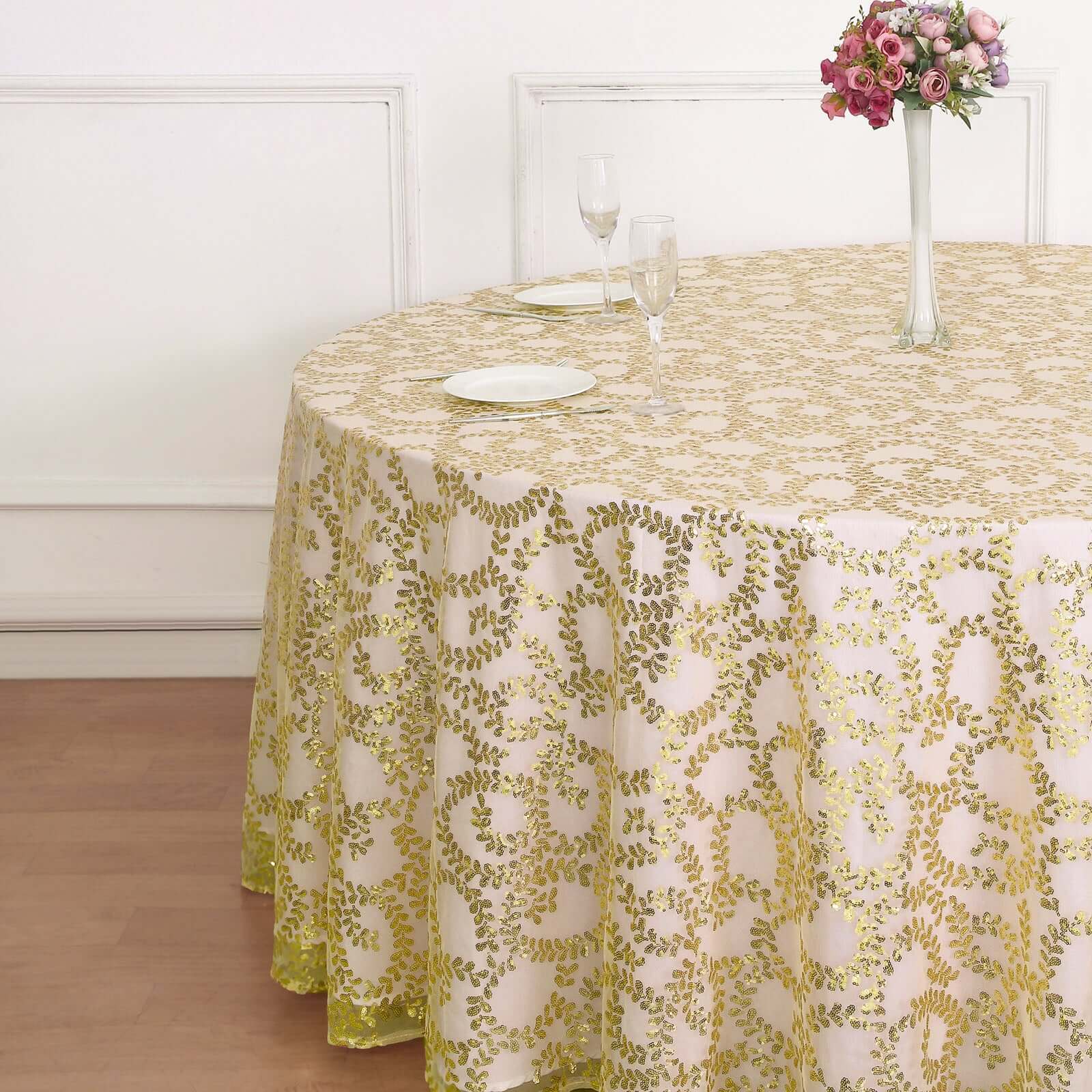 Tulle 120 Round Tablecloth Gold - Seamless Sequin Leaf Embroidered Design for Sophisticated Occasions