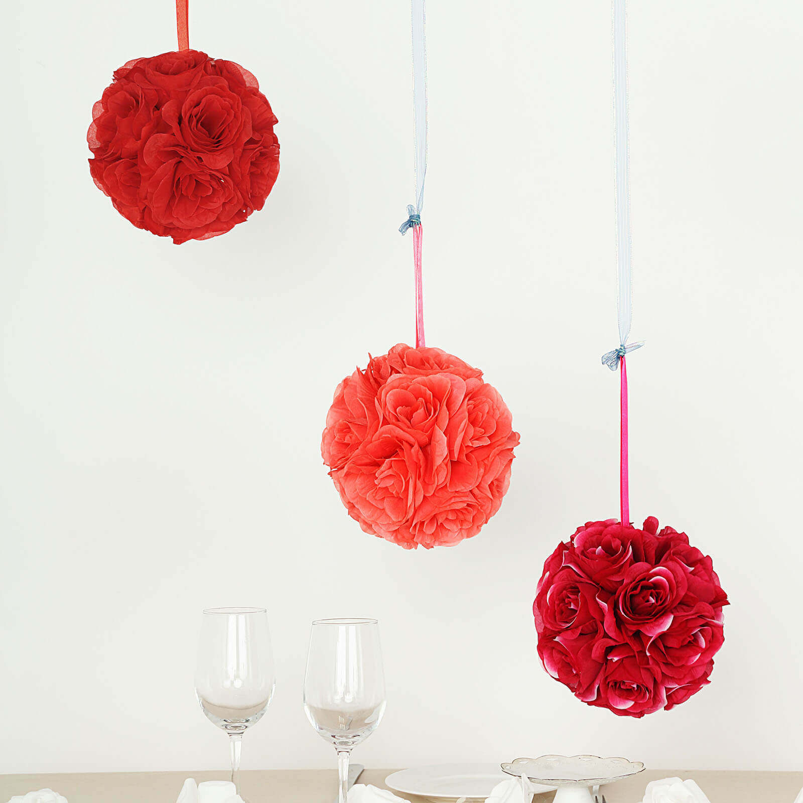 2 Pack 7 Red Artificial Silk Rose Kissing Ball, Faux Flower Ball