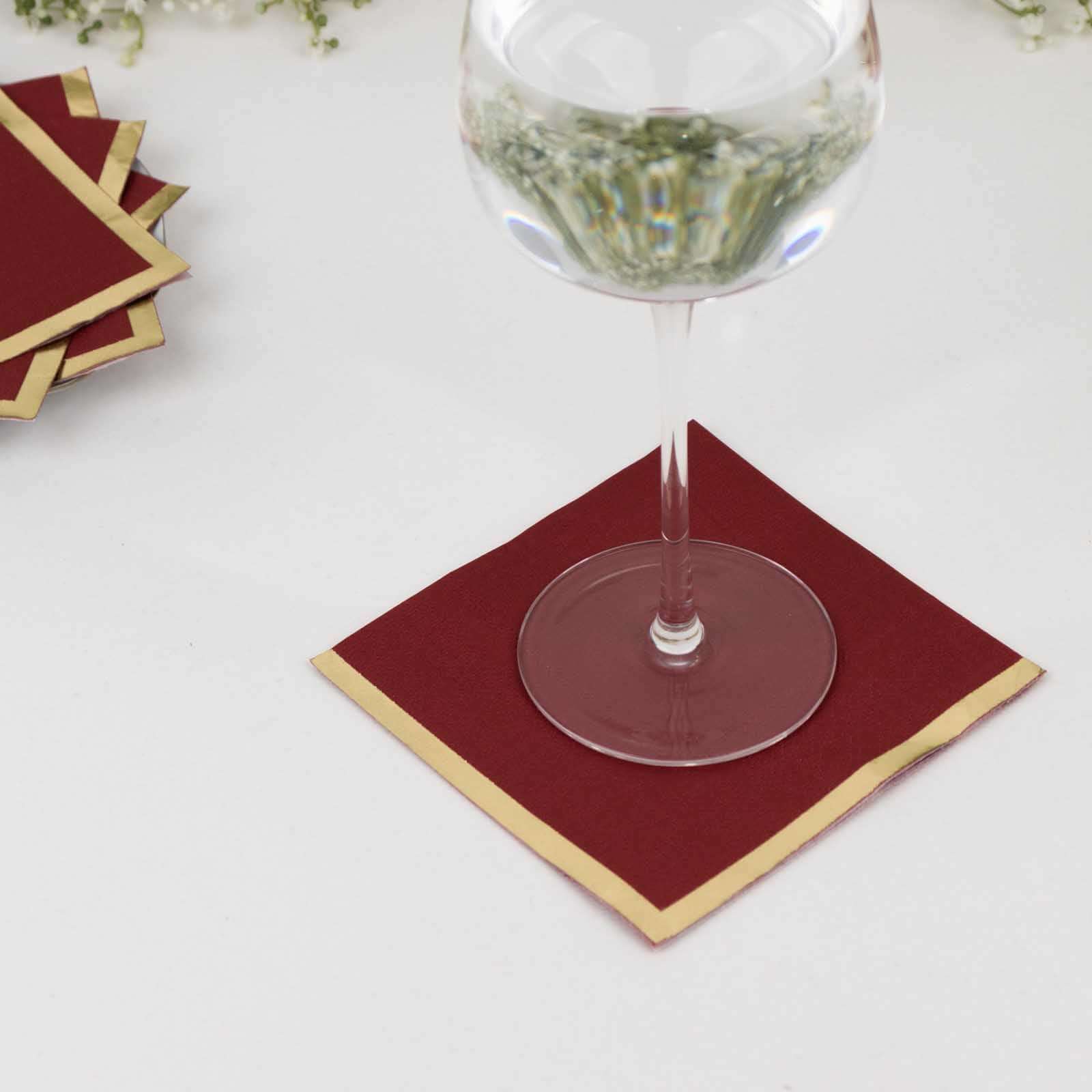 50-Pack Paper Beverage Napkins Burgundy with Gold Foil Edge - 2 Ply Disposable Soft 18GSM Cocktail Napkins 5x5