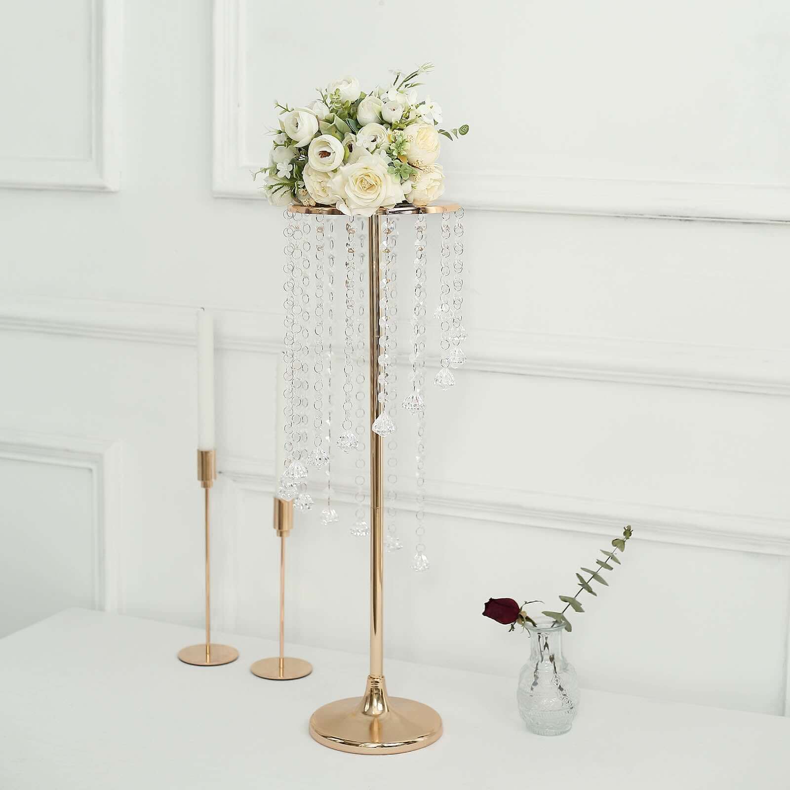 2-Pack Metal Flower Stand Gold with Spiral Hanging Beads - Crystal Pedestal Table Wedding Centerpiece 24