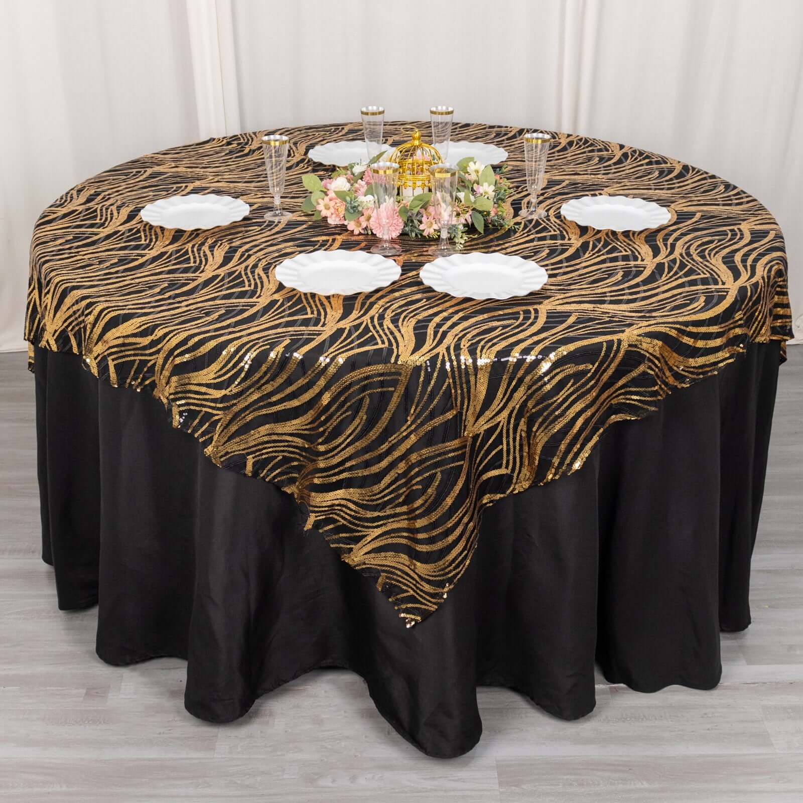 Mesh 72x72 Table Overlay Square Tablecloth Black Gold - Wave Embroidered Sequins Table Topper