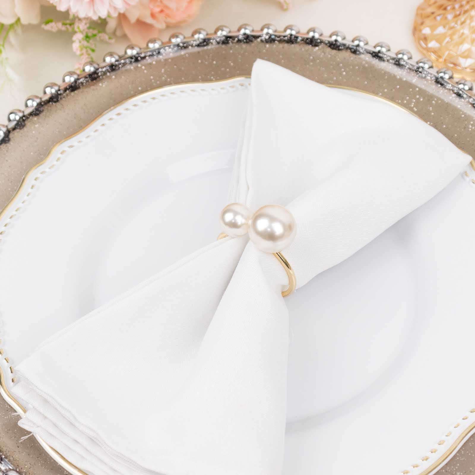 10 Pack White Pearl Gold Metal Napkin Holders Dining Table Decor, Elegant Round Wedding Napkin Rings - 2.5