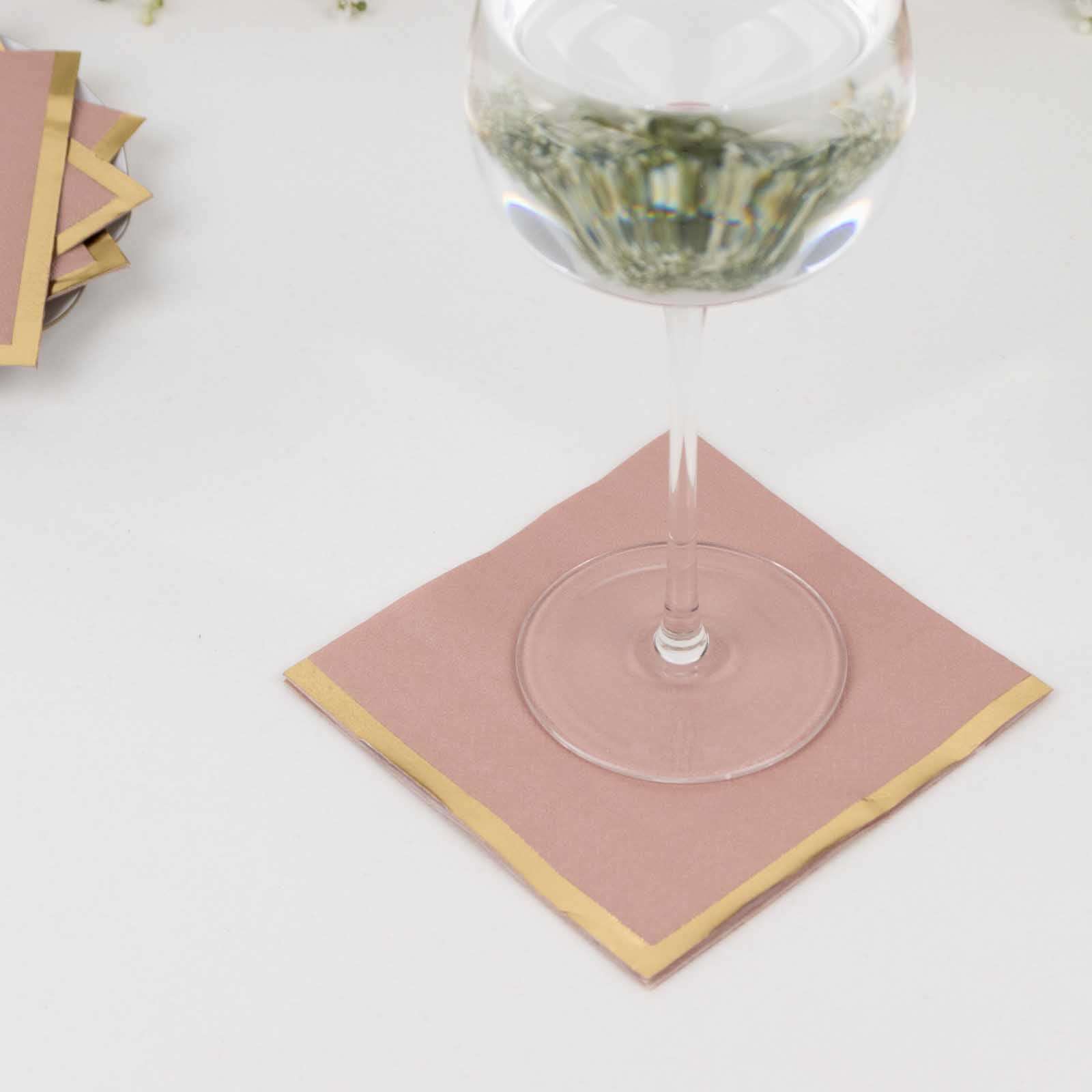 50-Pack Paper Beverage Napkins Dusty Rose with Gold Foil Edge - 2 Ply Disposable Soft 18GSM Cocktail Napkins 5x5