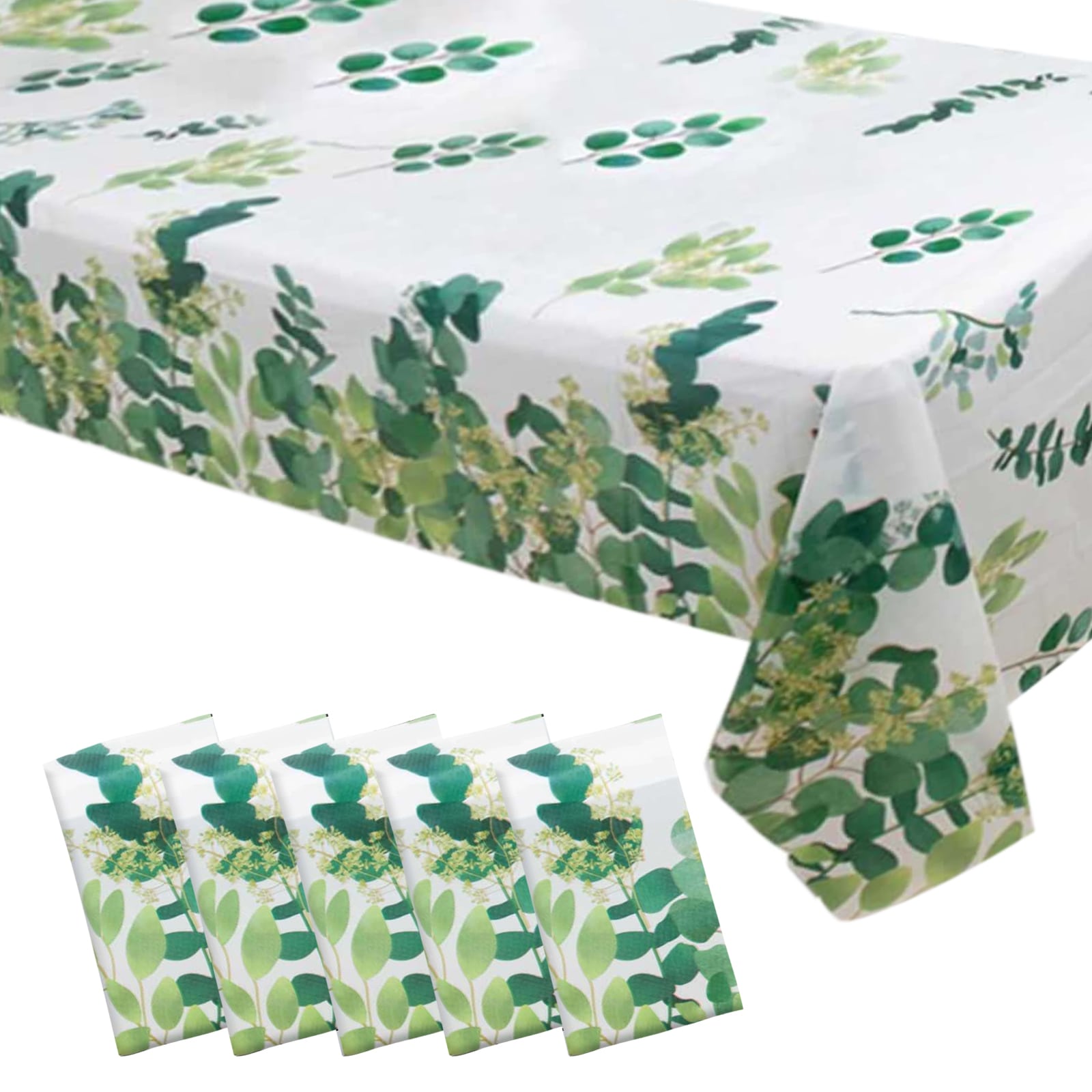 5-Pack Plastic Table Covers White/Green Rectangle with Eucalyptus Leaves Print - Decorative PVC Disposable Tablecloths 54x108