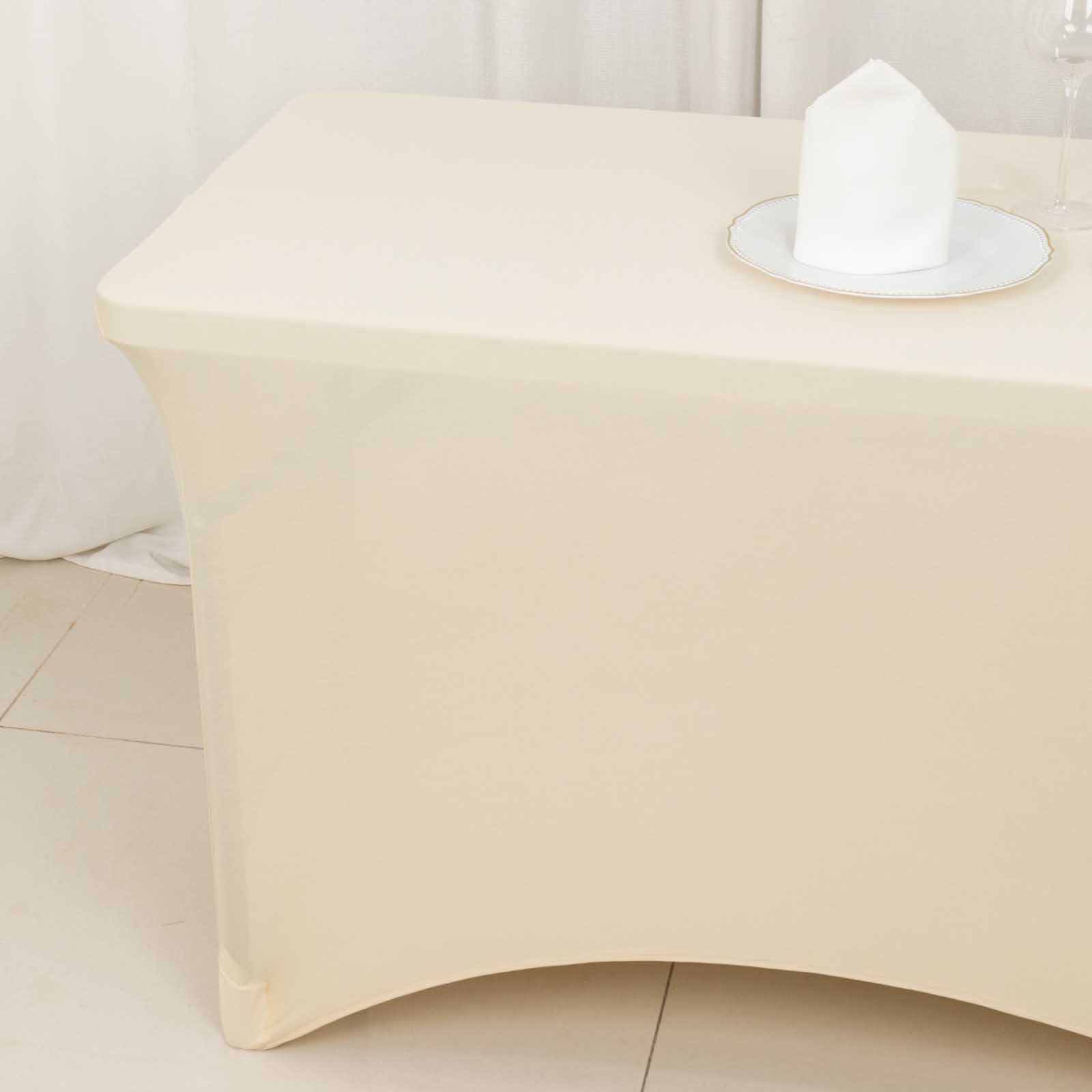 Stretch Spandex 48x30 Rectangle Tablecloth Beige - Durable Form-Fitting Table Cover