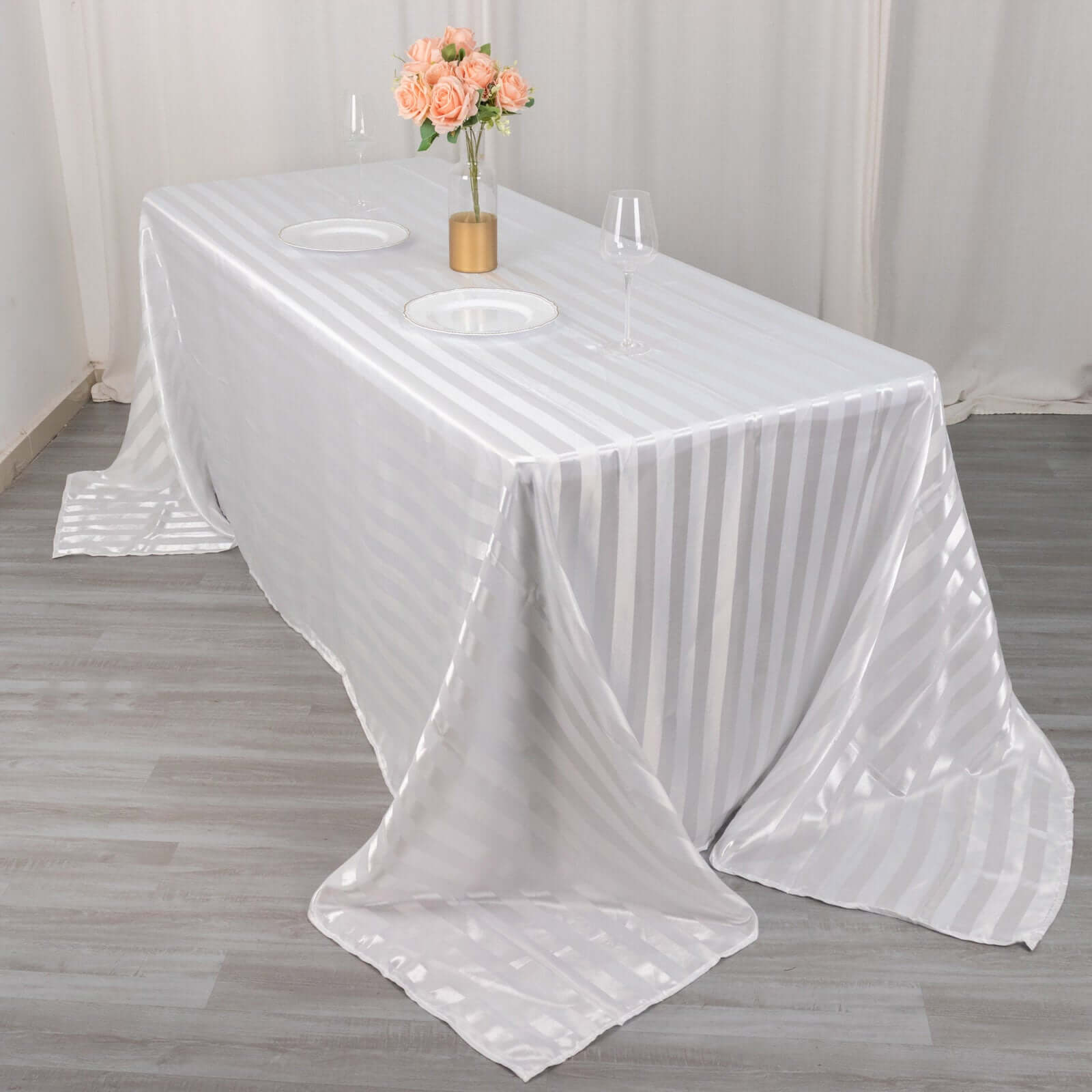 Satin Striped 90x132 Rectangular Tablecloth White Satin Stripe - Seamless Silky Smooth Wedding Decor