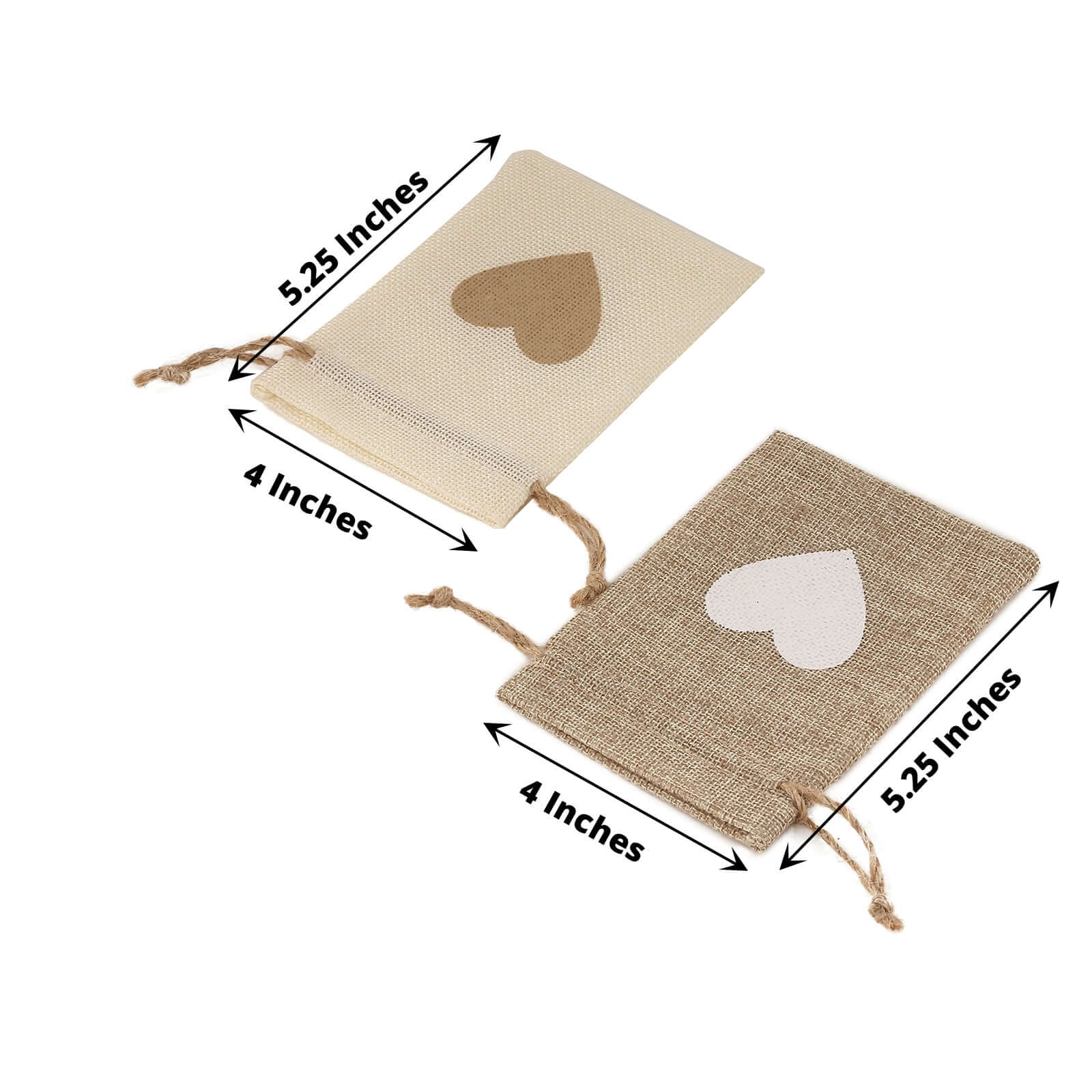 20 Pack 4x5 Natural Ivory Heart Design Jute Burlap Gift Bags With Drawstring, Rustic Wedding Party Favor Bags