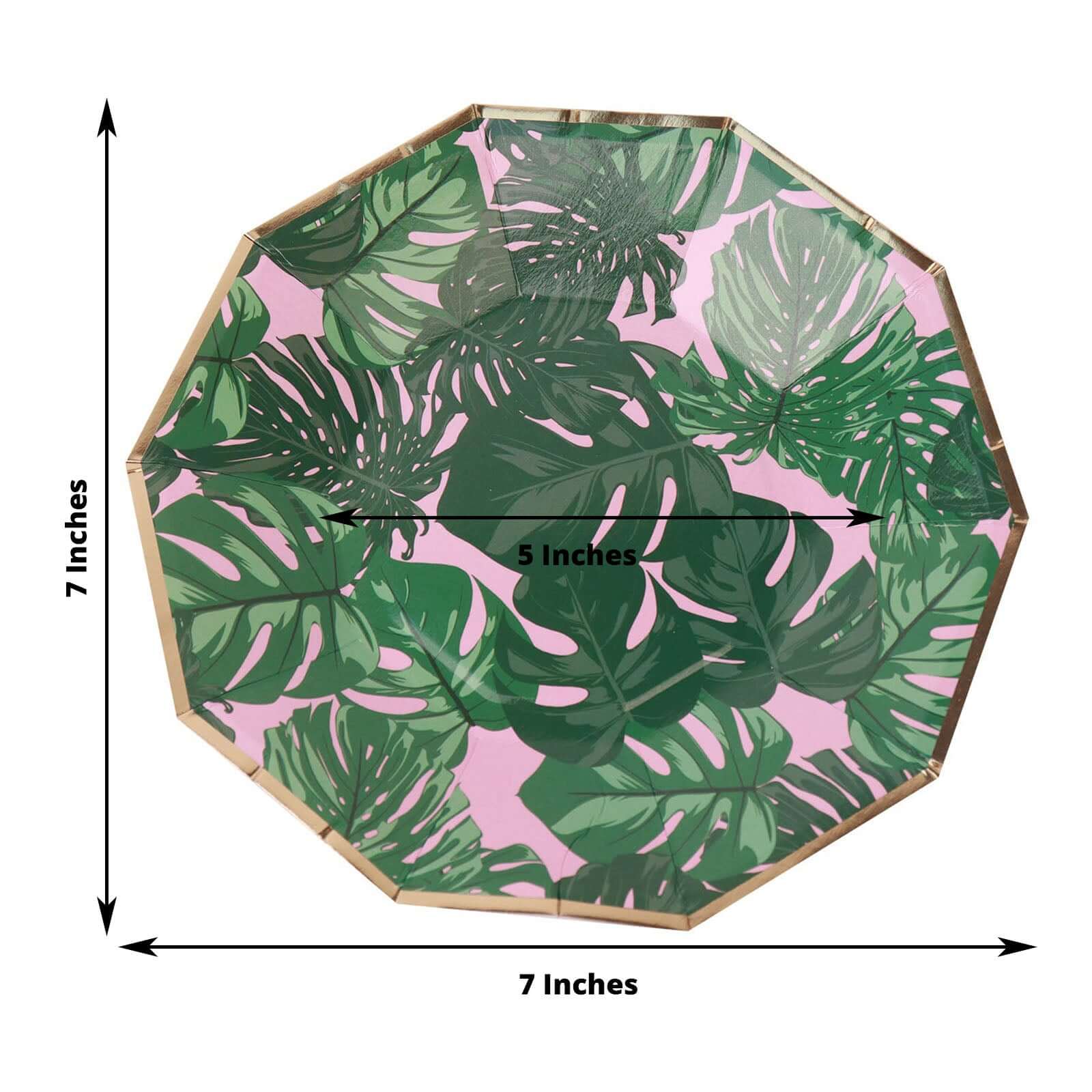 25-Pack Paper 7 Decagon Dessert Plates in Pink with Green Tropical Palm Leaves & Gold Rim - Disposable Geometric Appetizer Salad Plates for Boho Chic & Jungle Themed Events