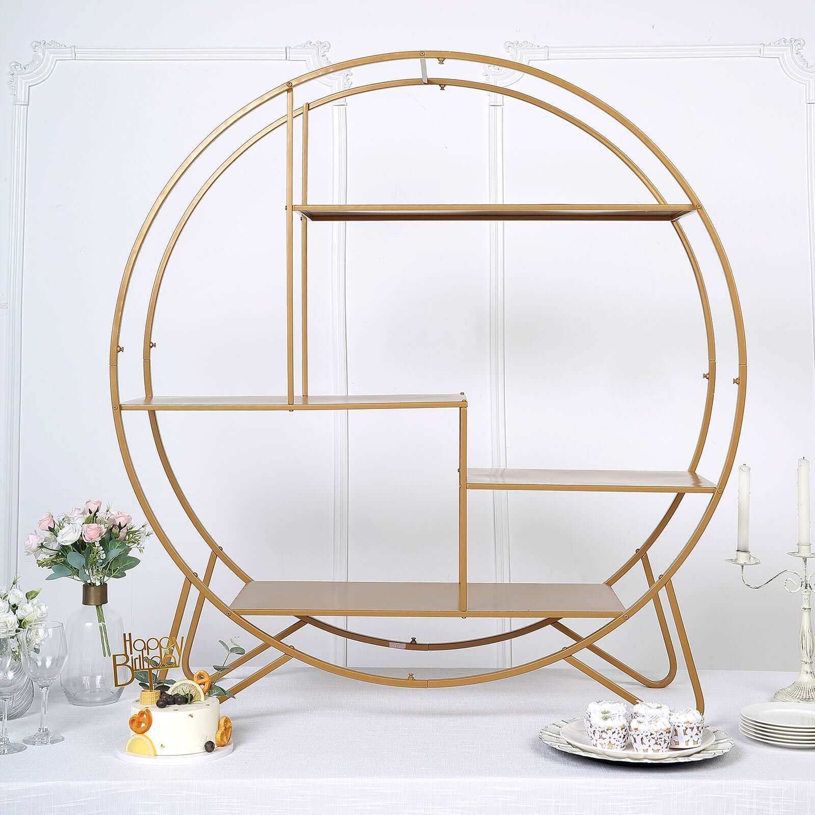 Metal Round Cake Dessert Display Stand 4ft Gold - Sturdy Large Modern Shelf Rack for Event Backdrops Balloon Garlands Floral Installations & Bookcase