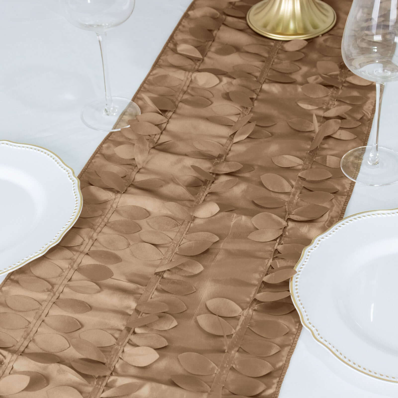 Taffeta Fabric 12x108 Table Runner Taupe - 3D Leaf Petal Design