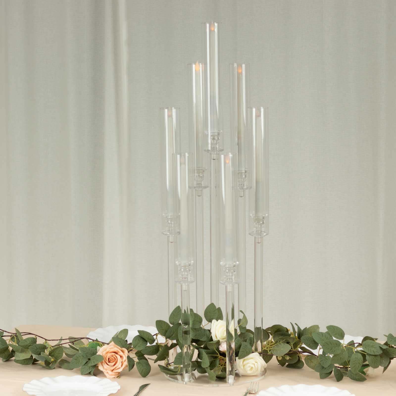 7-Arm Round Cluster Acrylic Candelabra Clear with Circular Base - Sleek Taper Candle Holder Table Centerpiece for Pillar Candles 33