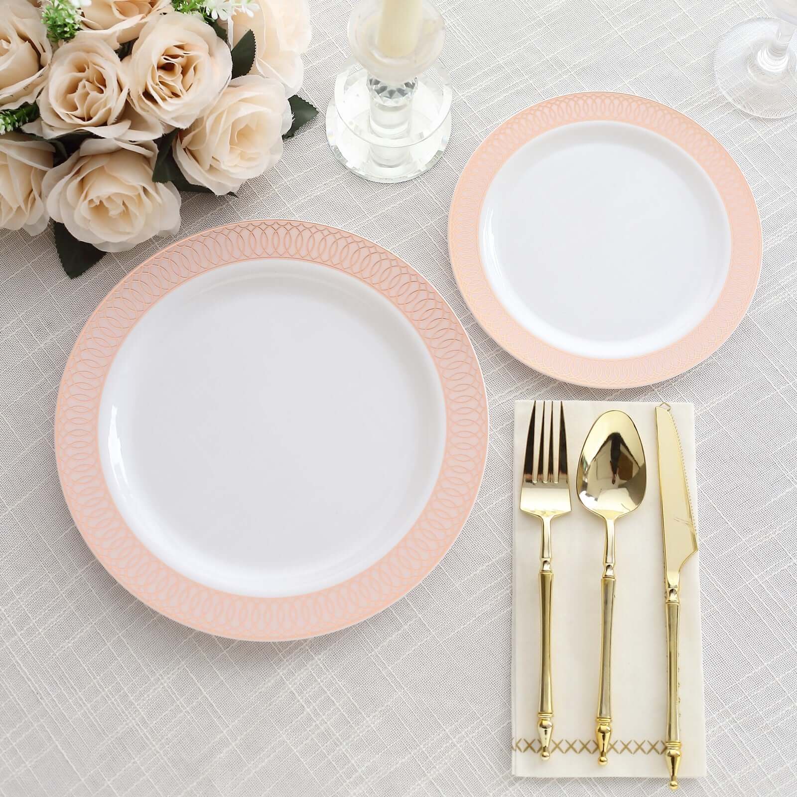 10-Pack Plastic Round Dinner Plates 10 White with Blush Rose Gold Spiral Rim - Chic Disposable Party Plates