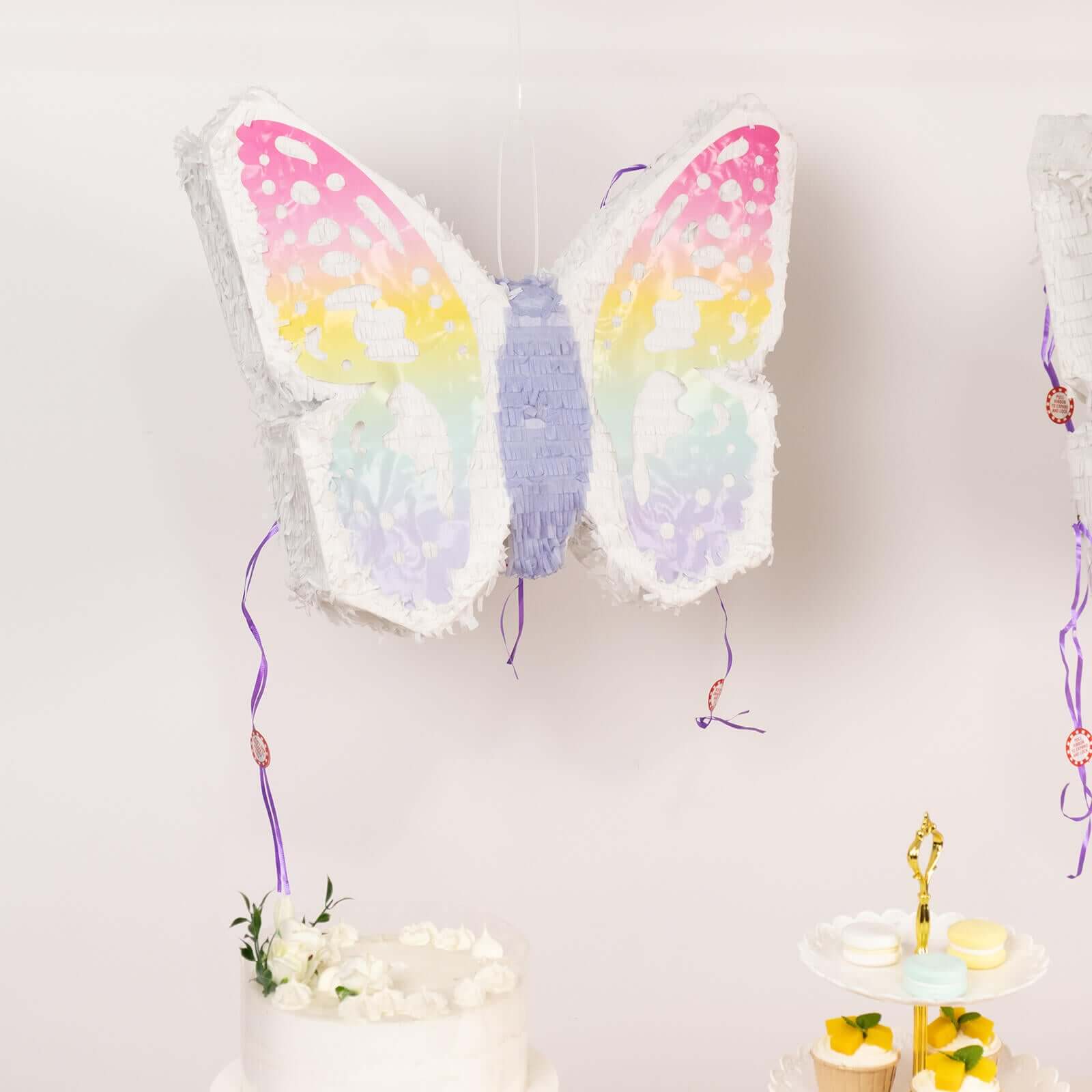 Expandable White Lilac Paper Butterfly Pinata Hanging Decor with Pastel Colored Wings, Fairy Themed Birthday Party Pinata - 23x19