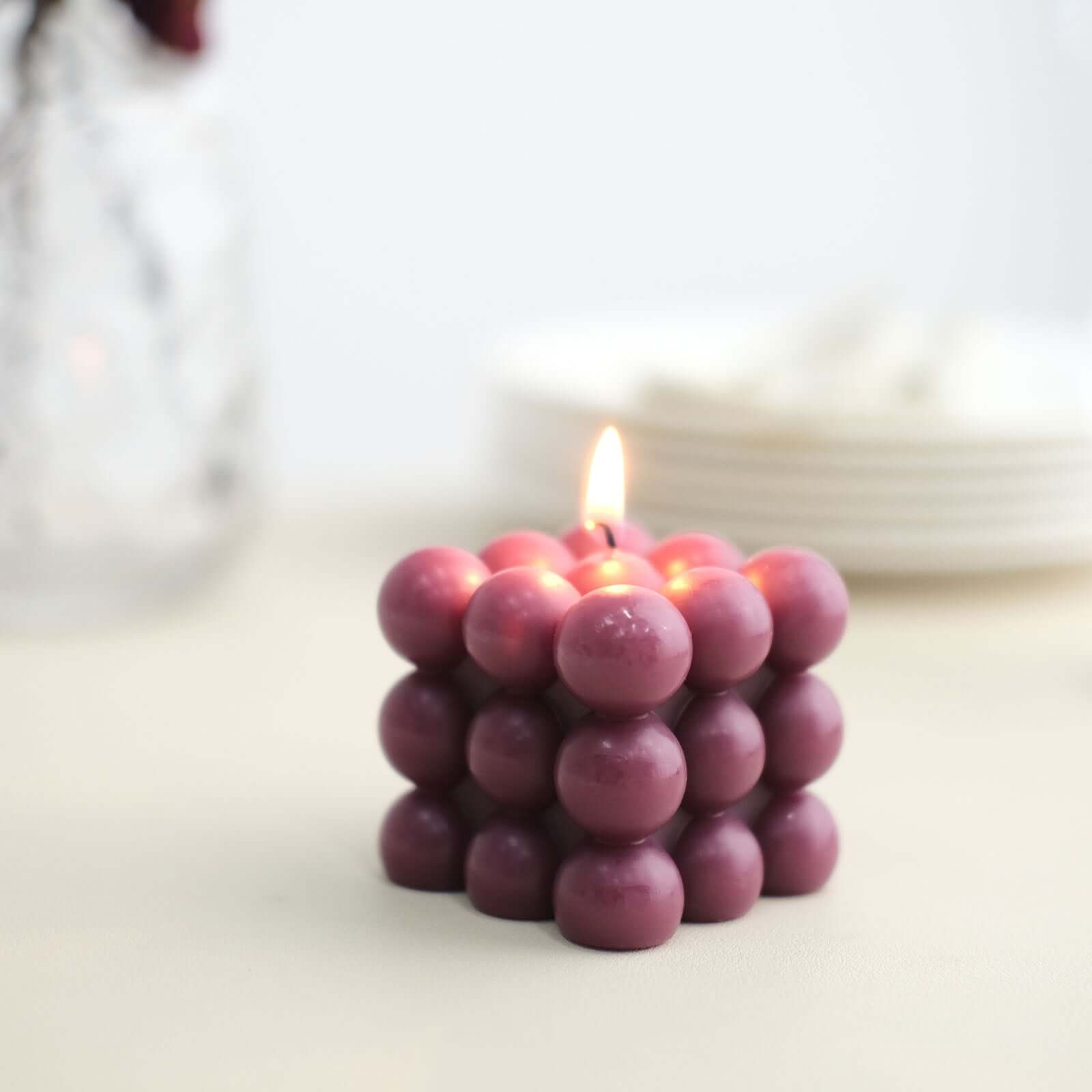 2-Pack Decorative Paraffin Wax Candles Bubble Cube Design Burgundy - Unscented Long Burning Pillar Candle Set 2