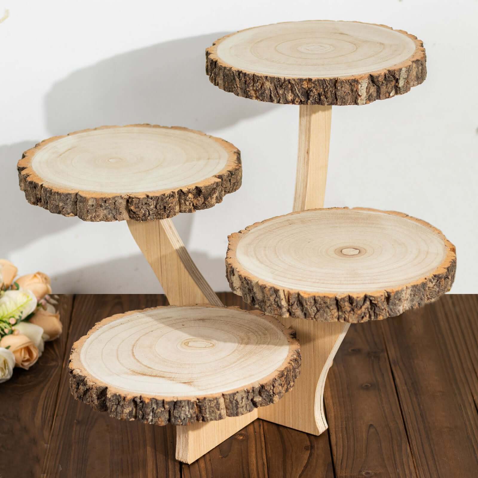 4-Tier Wooden Cupcake Stand Farmhouse Style Natural Wood Slice Design - Rustic Dessert Display Cake Holder 15 Tall