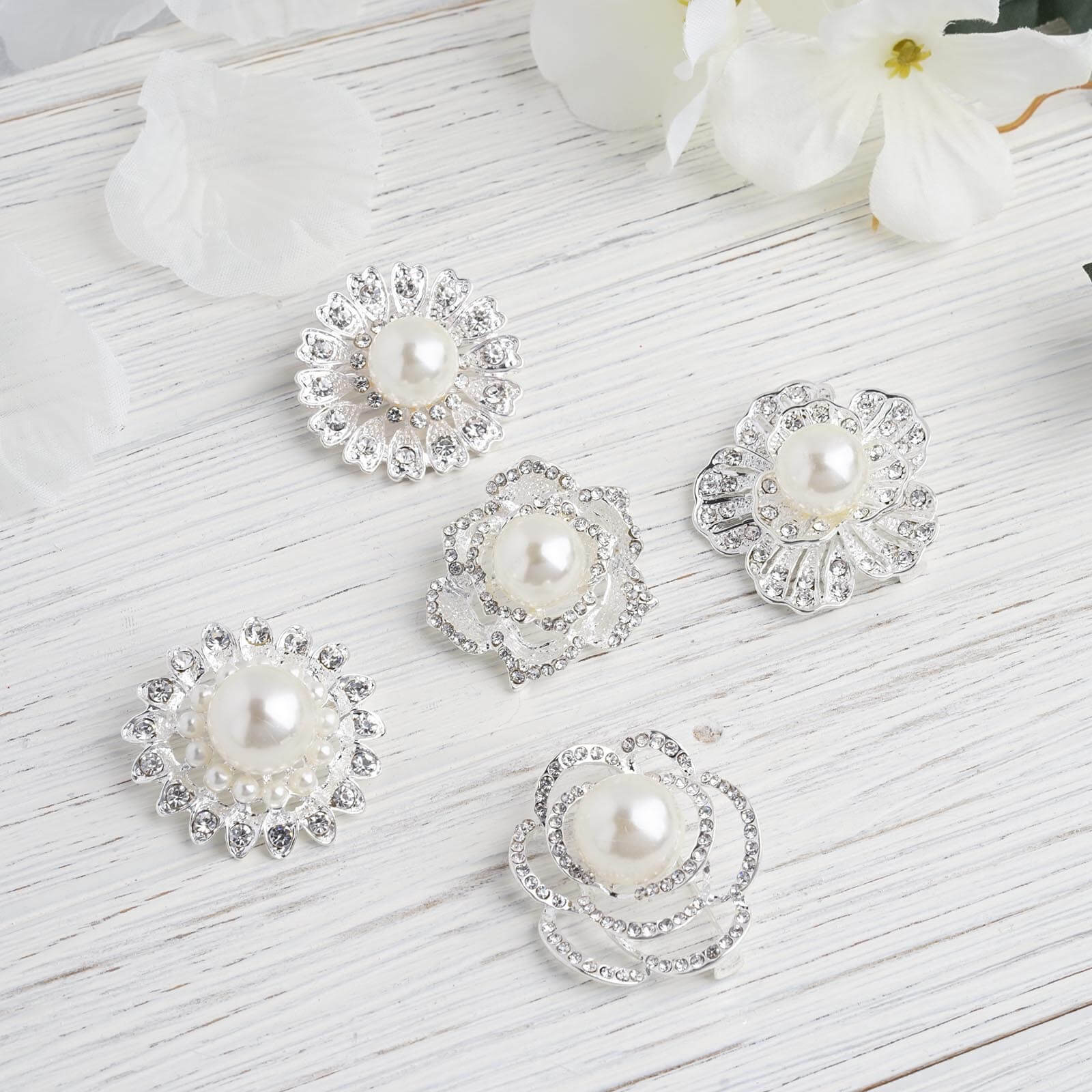 5 Pack Rhinestone Brooches Silver Plated with Pearl Center - Radiant Floral Pins for Wedding Bouquets & Events