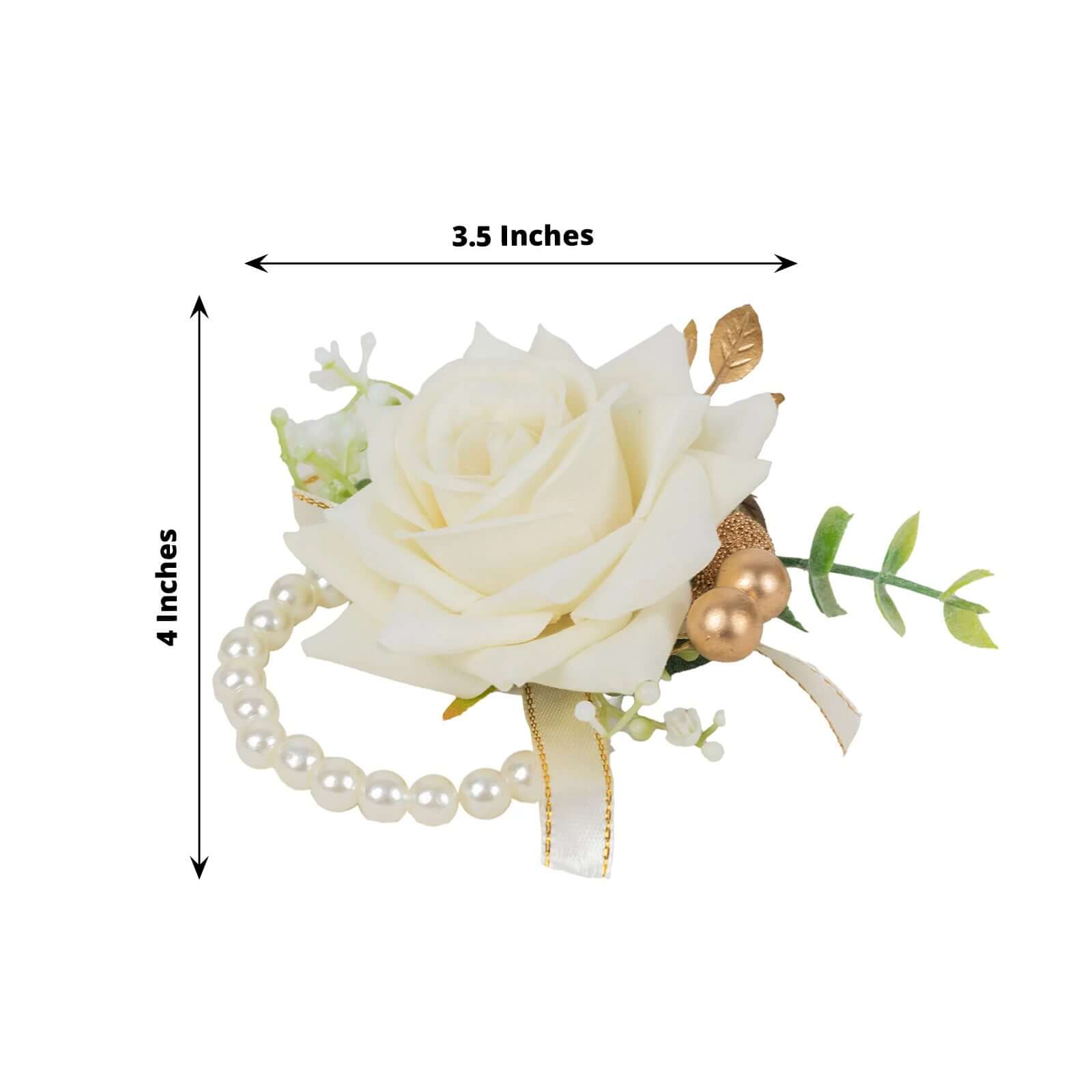 2 Pack White Artificial Rose Wrist Corsages With Pearls, 4 Flower Bracelet Wedding Accessories