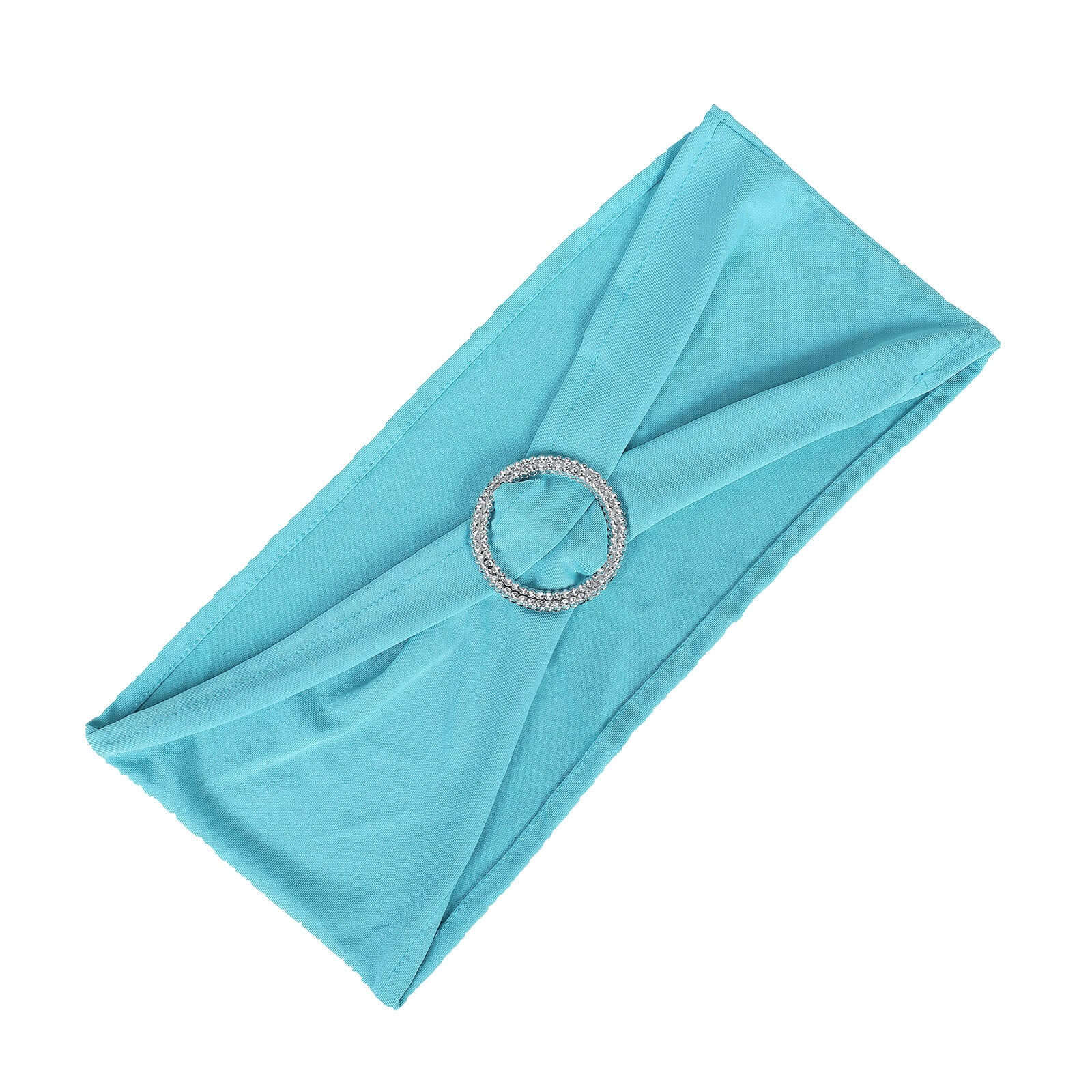 5 Pack Stretch Spandex Chair Sashes Turquoise - Reusable Chair Bands with Silver Diamond Ring Slide Buckle 5x14