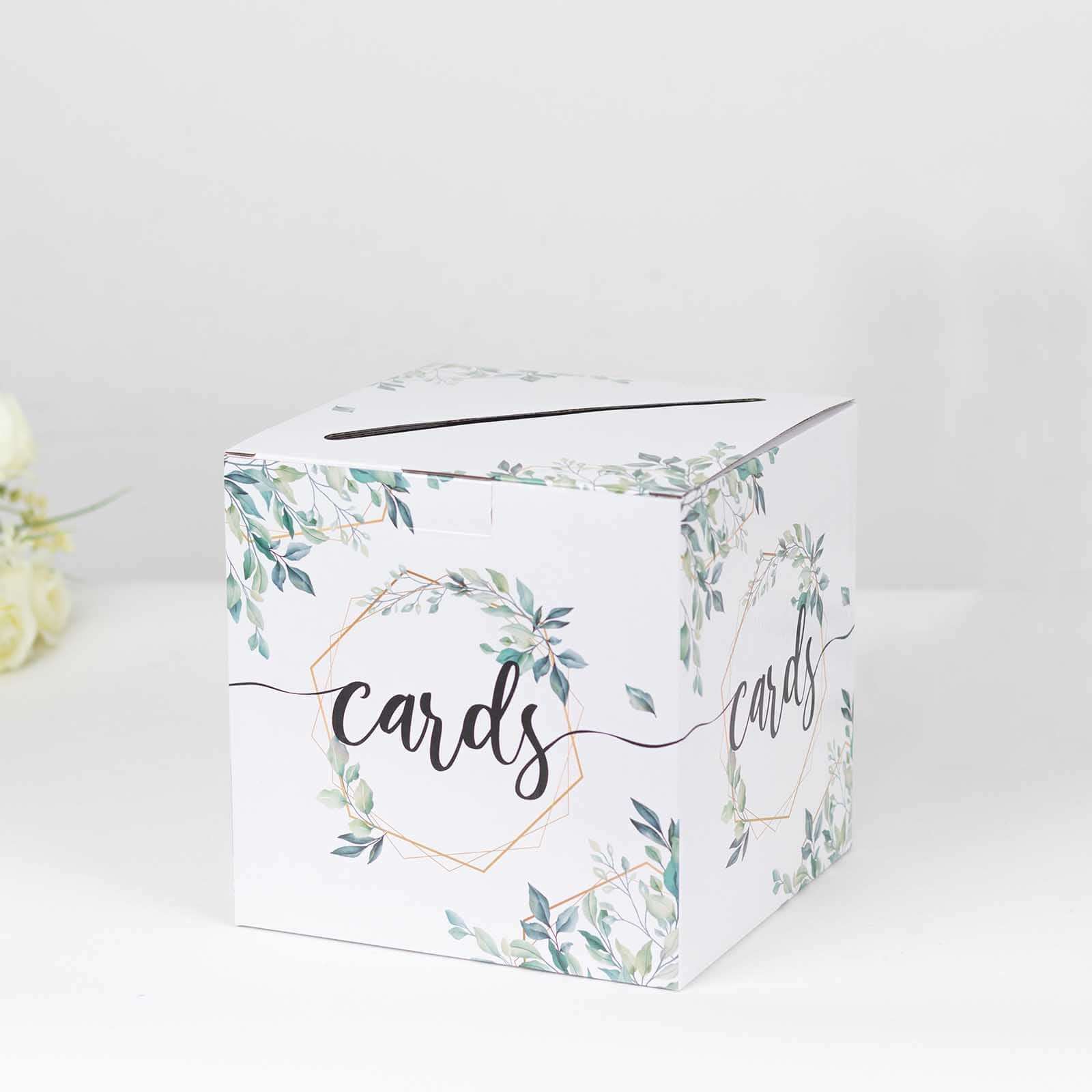 Greenery Theme Wedding Reception Gift Card Box with Geometric Gold Foil Print, Collapsible Money Card Box - 8x8