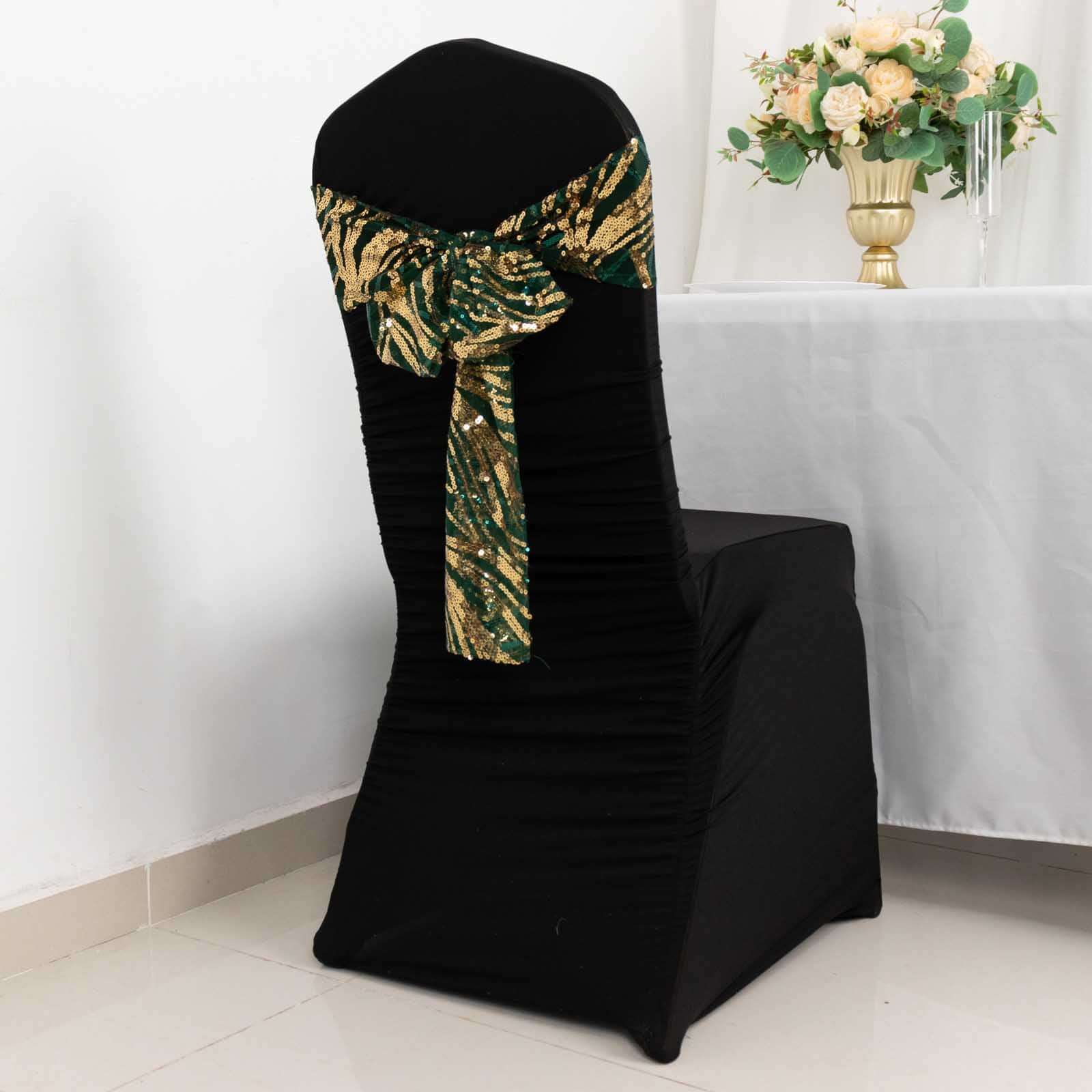 5 Pack Chair Sashes with Wave Embroidered Sequins Hunter Emerald Green/Gold 6x88