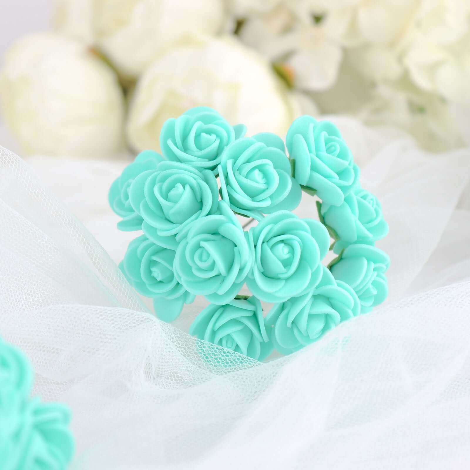 48 Roses 1 Turquoise Real Touch Artificial DIY Foam Rose Flowers With Stem, Craft Rose Buds