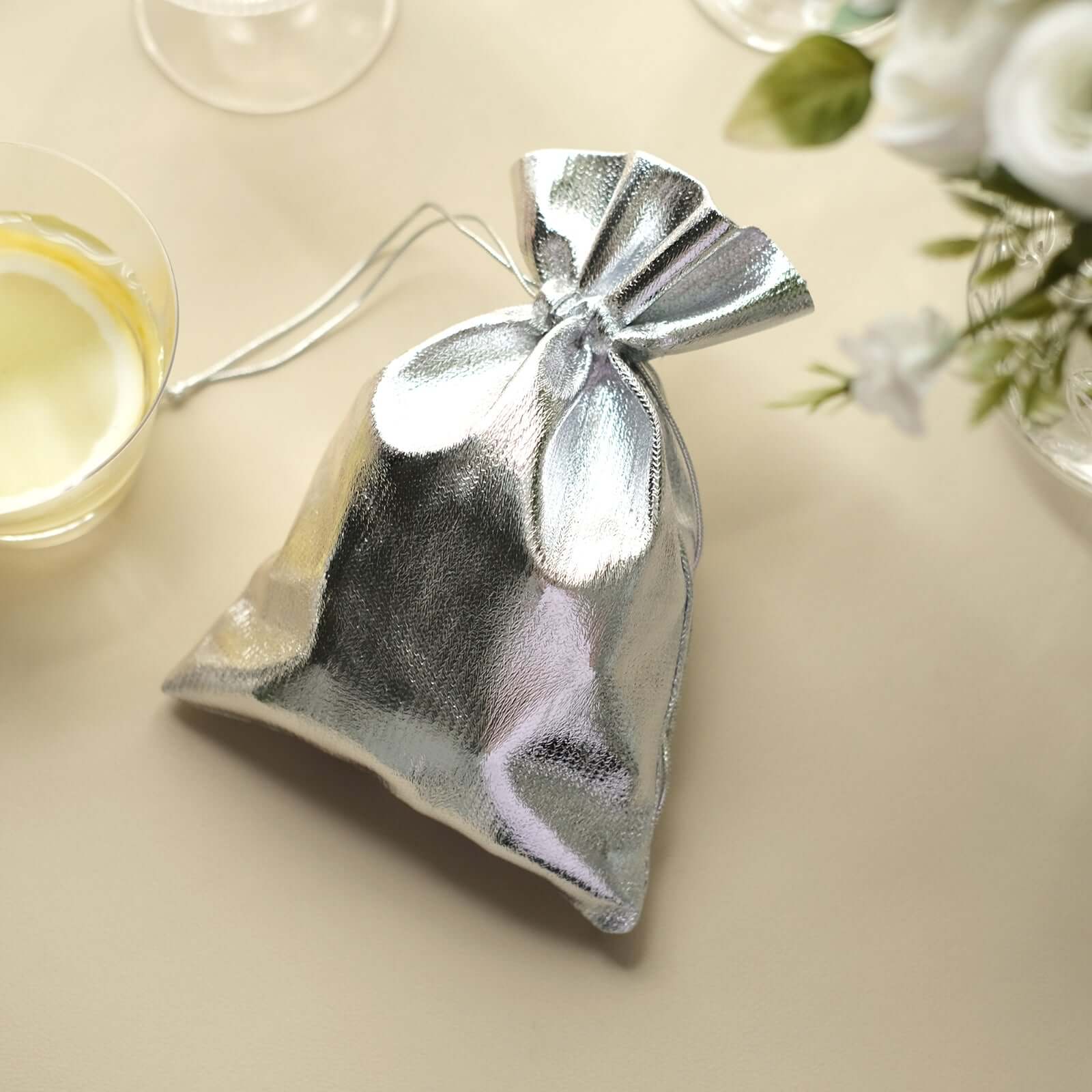 10 Pack Metallic Silver Lame Polyester 5x7 Party Favor Gift Bags, Shiny Fabric Drawstring Candy Pouch